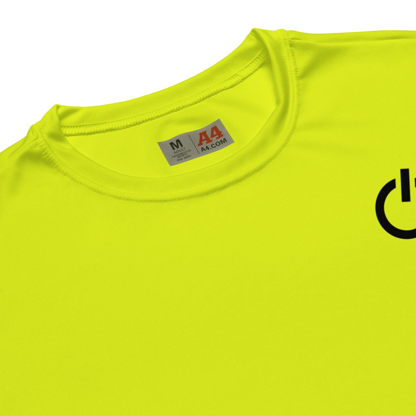 Unisex 4 oz performance crew neck in safety yellow with black SWITCH/ON and logo - snag-resistant and moisture-wicking training shirt - football edition 