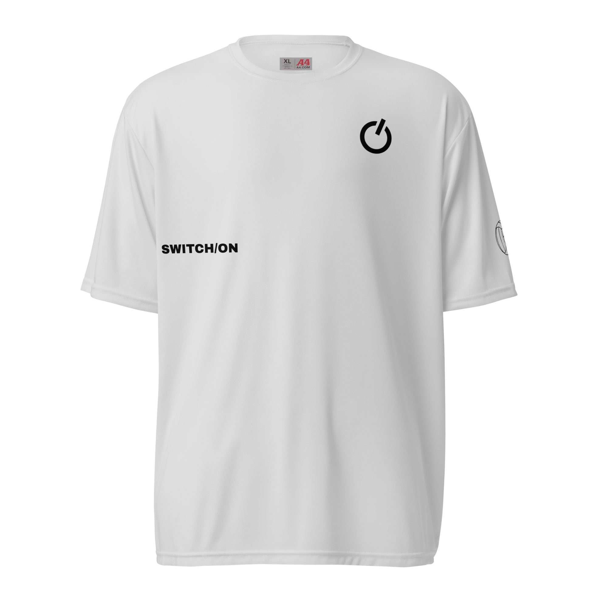 Unisex 4 oz performance crew neck in silver with black SWITCH/ON and logo - snag-resistant and moisture-wicking training shirt - volleyball edition 