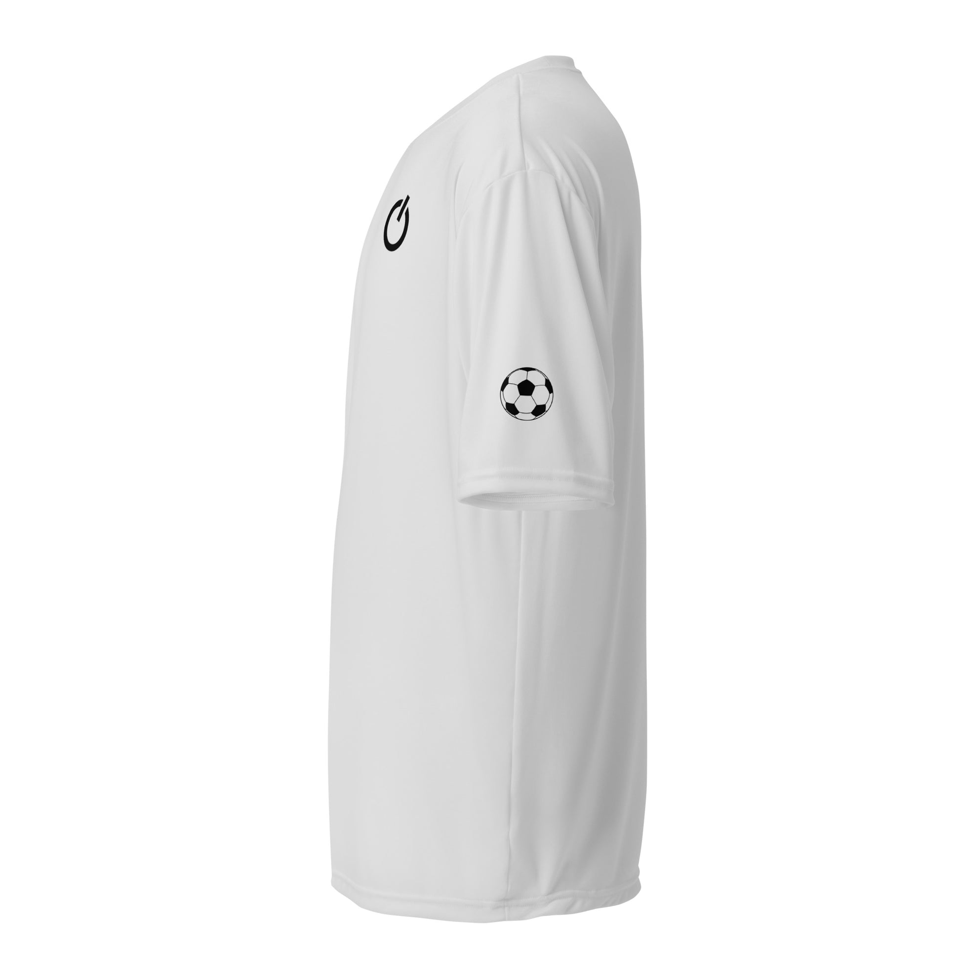 Unisex 4 oz performance crew neck in silver with black SWITCH/ON and logo - snag-resistant and moisture-wicking training shirt - soccer edition 