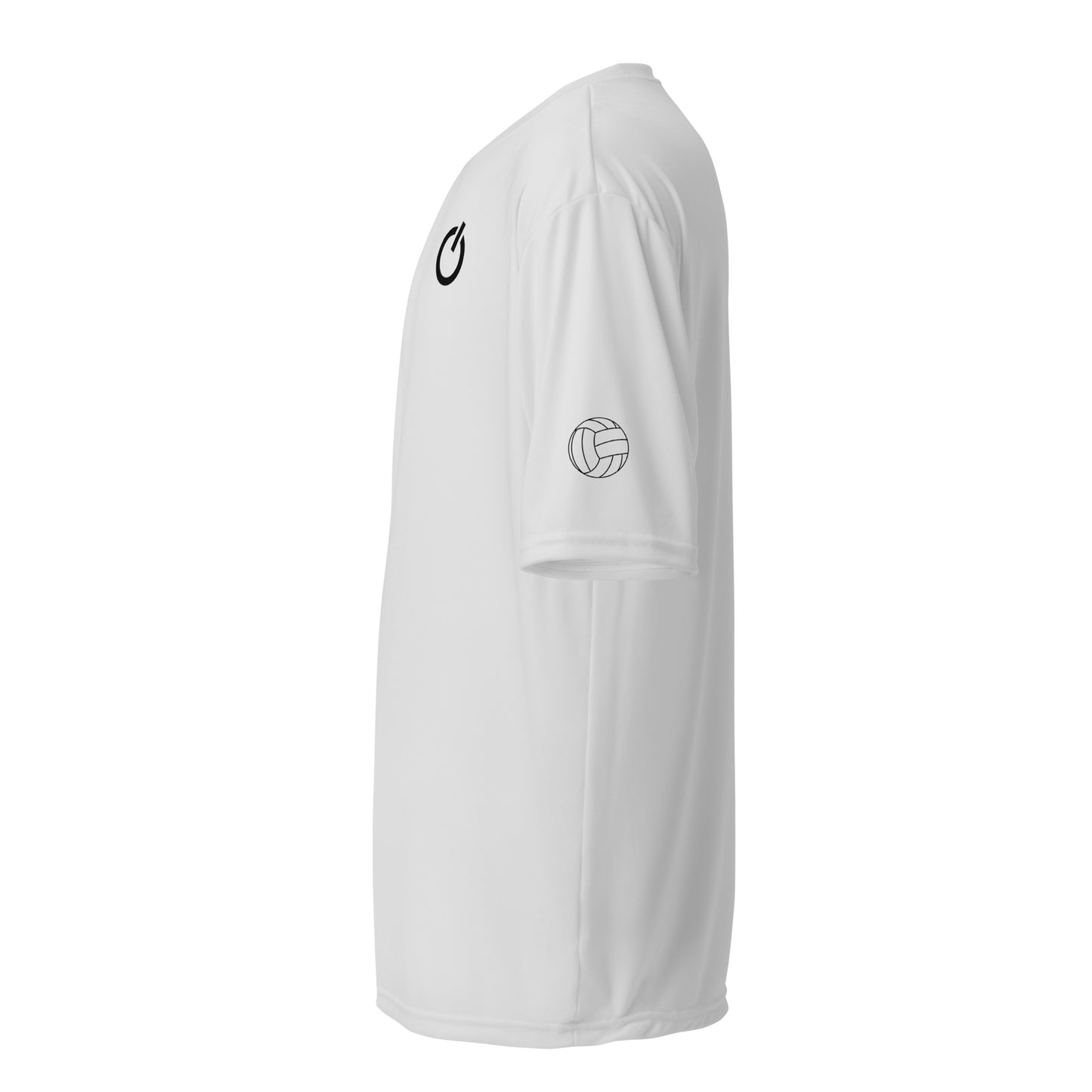 Unisex 4 oz performance crew neck in silver with black SWITCH/ON and logo - snag-resistant and moisture-wicking training shirt - volleyball edition 