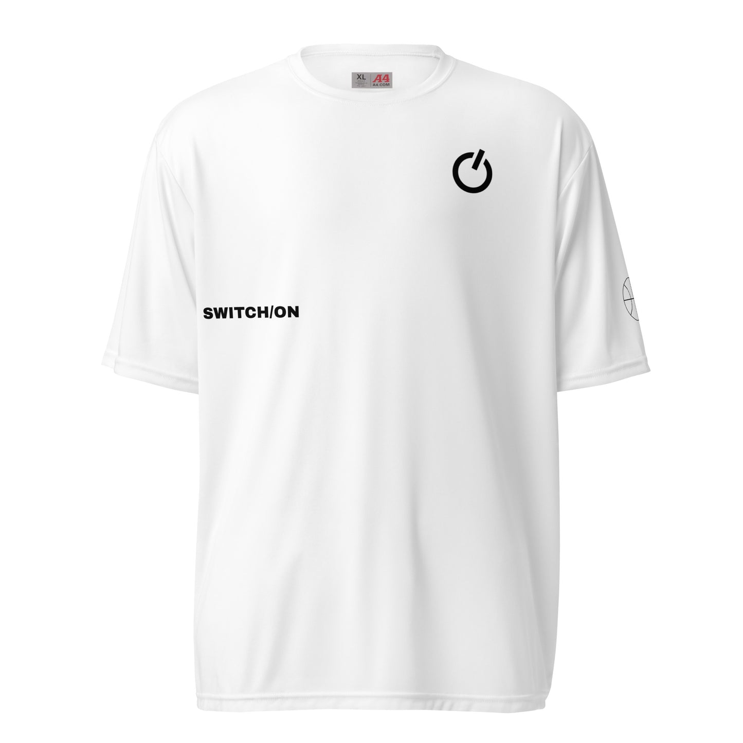 Unisex 4 oz performance crew neck in white with black SWITCH/ON and logo - snag-resistant and moisture-wicking training shirt - basketball edition 