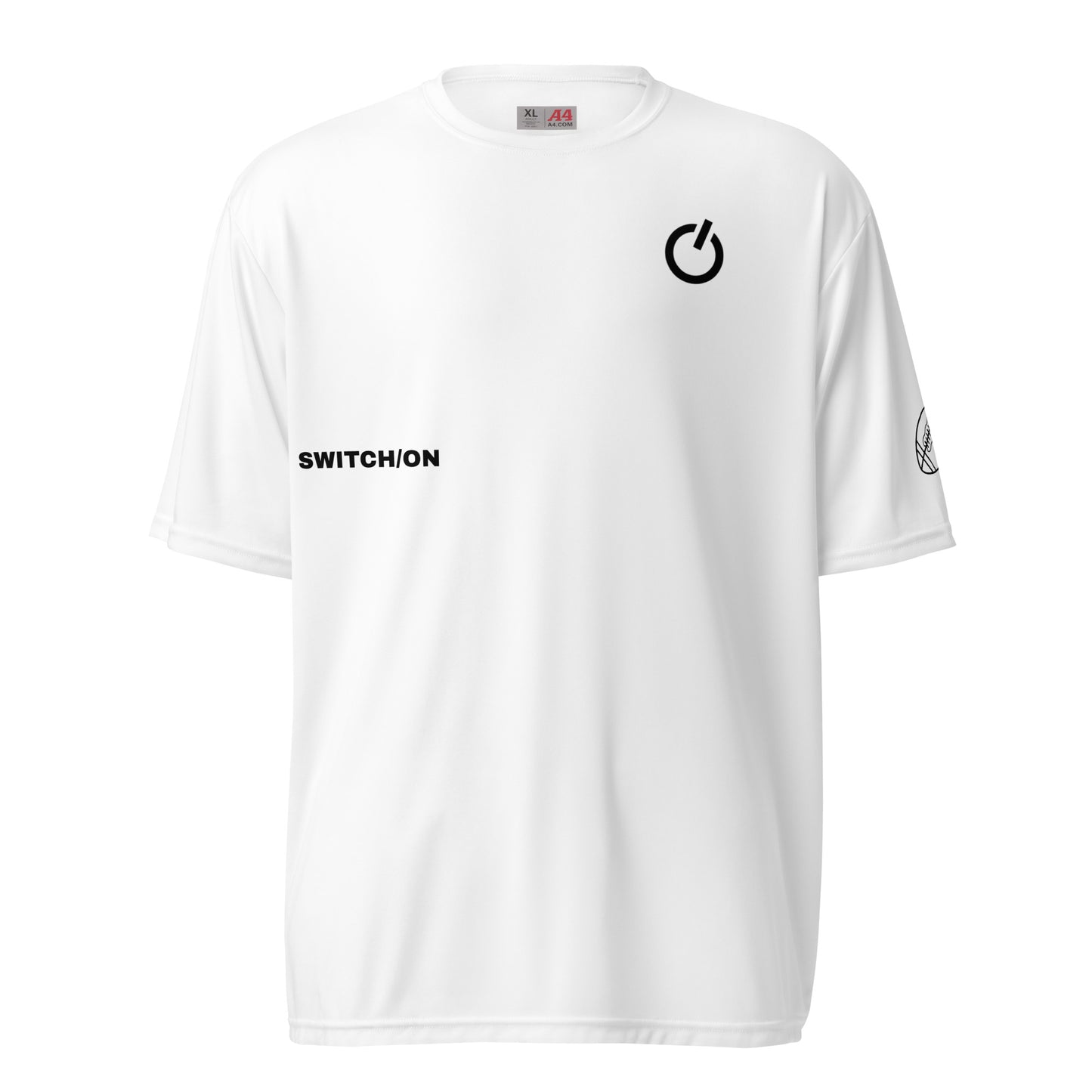 Unisex 4 oz performance crew neck in white with black SWITCH/ON and logo - snag-resistant and moisture-wicking training shirt - football edition 