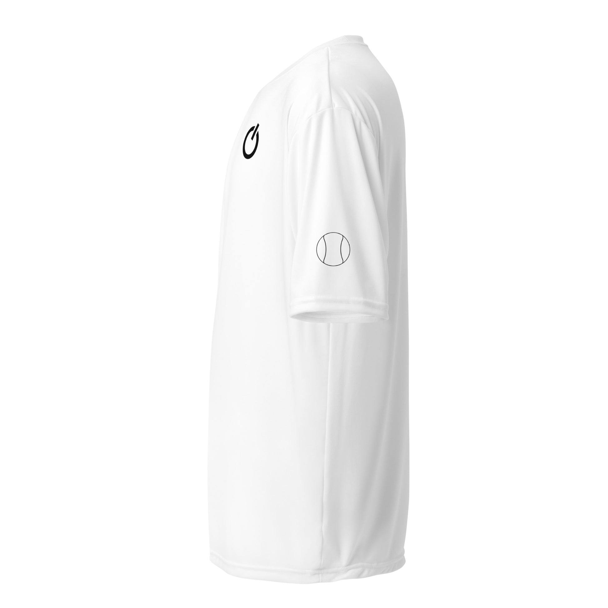 Unisex 4 oz performance crew neck in white with black SWITCH/ON and logo - snag-resistant and moisture-wicking training shirt - tennis edition 