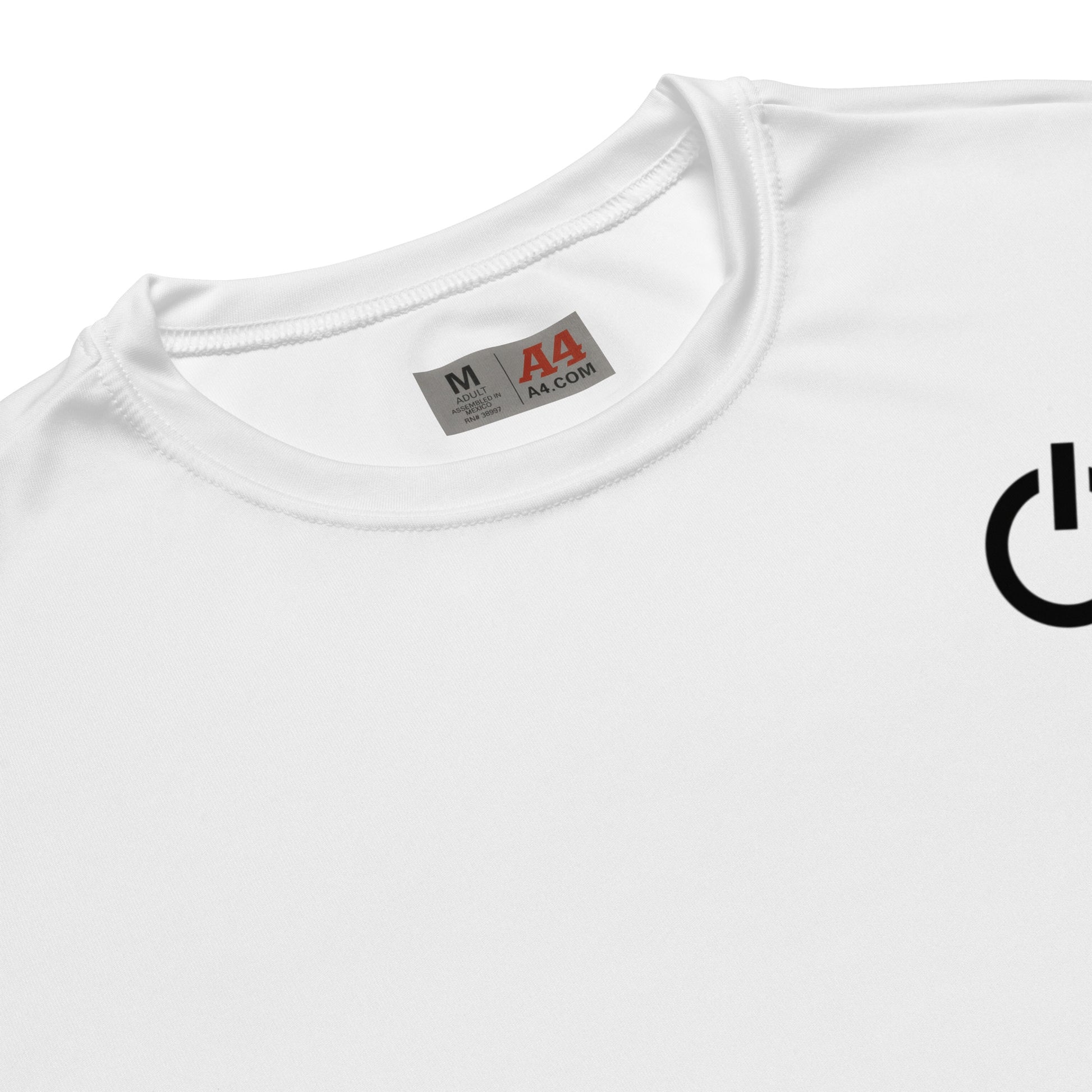 Unisex 4 oz performance crew neck in white with black SWITCH/ON and logo - snag-resistant and moisture-wicking training shirt - running edition