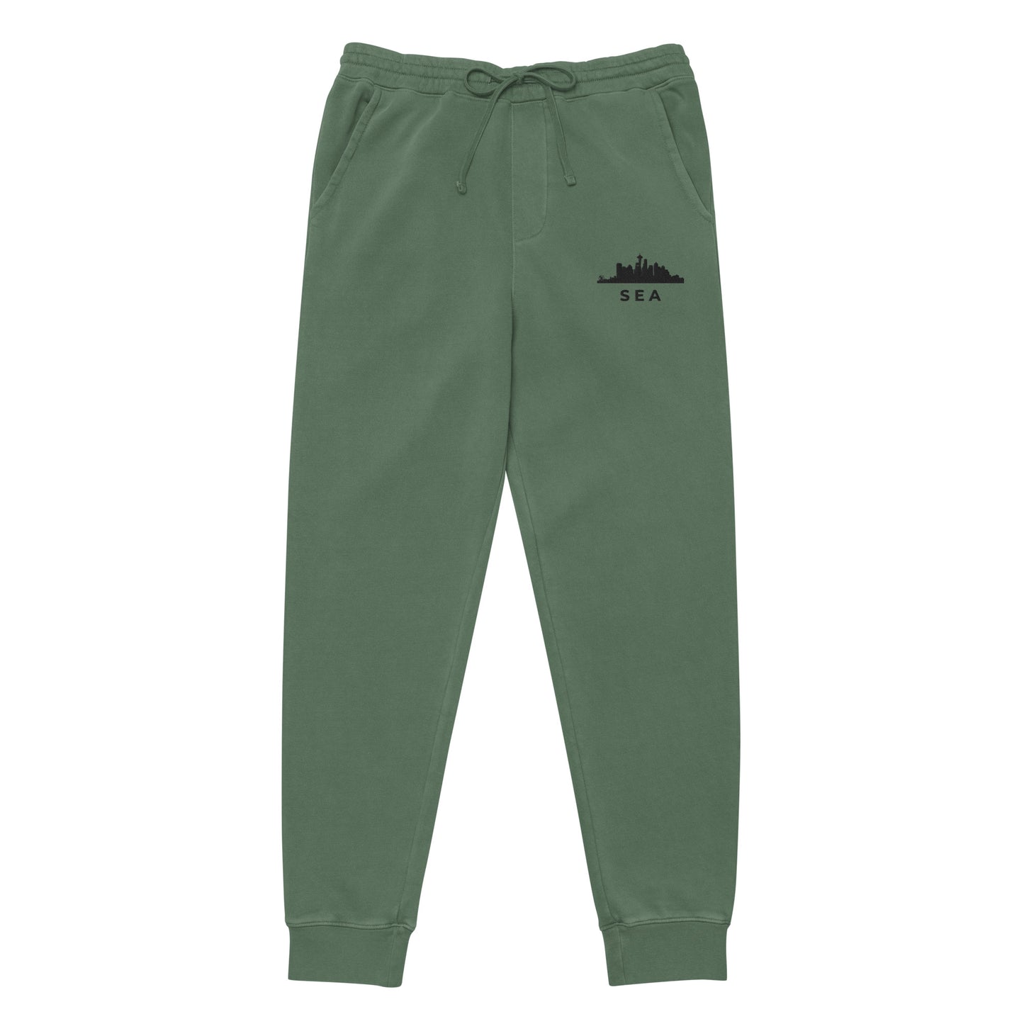 Seattle Our City pigment-dyed sweatpants in alpine green with a relaxed fit and embroidered Seattle detail—PNW athletic lifestyle wear