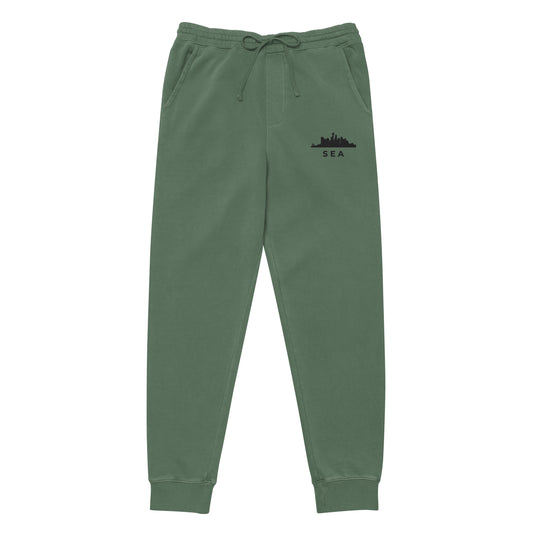 Seattle Our City pigment-dyed sweatpants in alpine green with a relaxed fit and embroidered Seattle detail—PNW athletic lifestyle wear