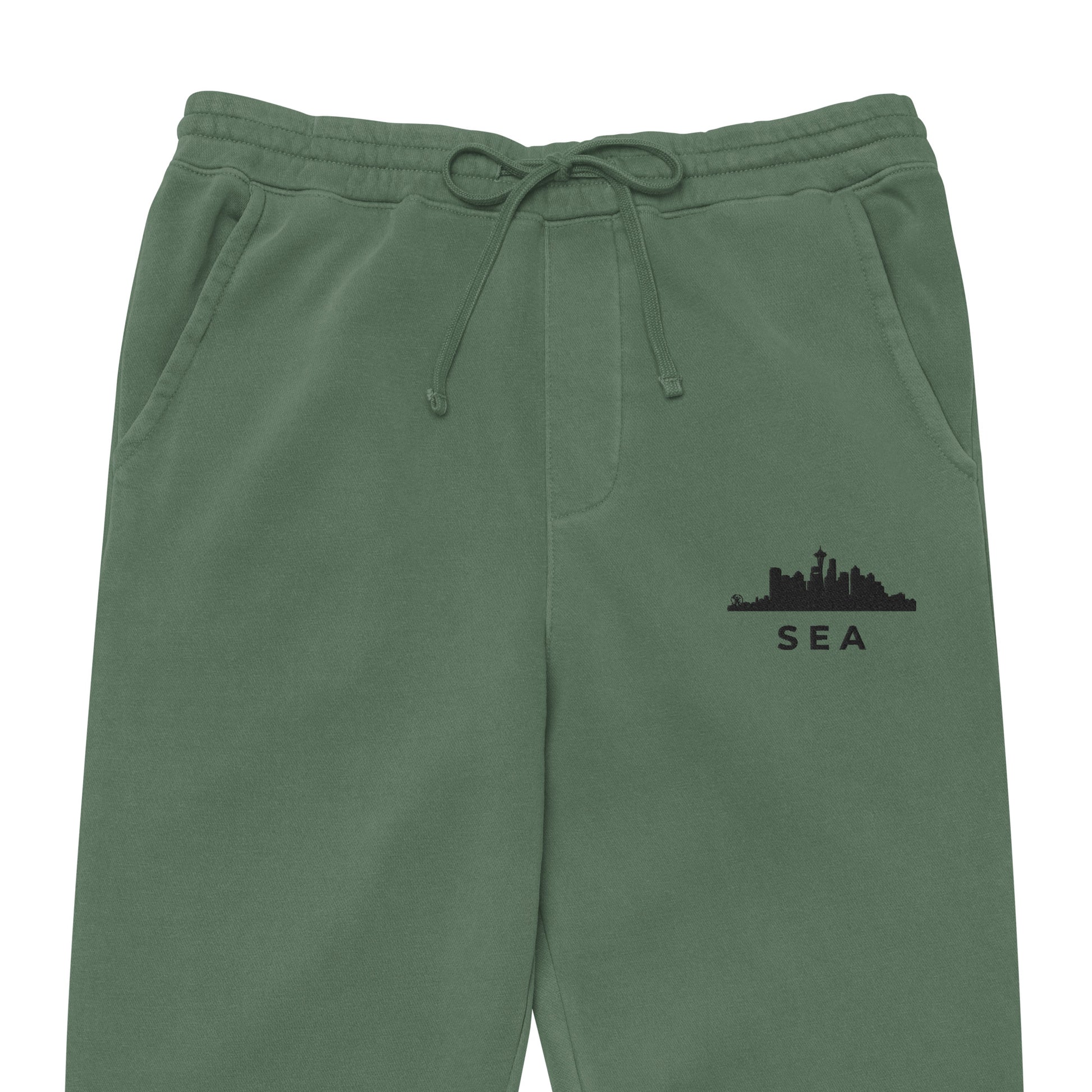 Seattle Our City pigment-dyed sweatpants in alpine green with a relaxed fit and embroidered Seattle detail—PNW athletic lifestyle wear