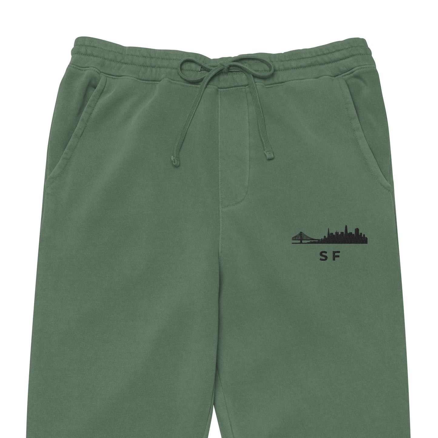 San Francisco Our City pigment-dyed sweatpants in alpine green with a relaxed fit and embroidered SF detail—NorCal athletic lifestyle wear