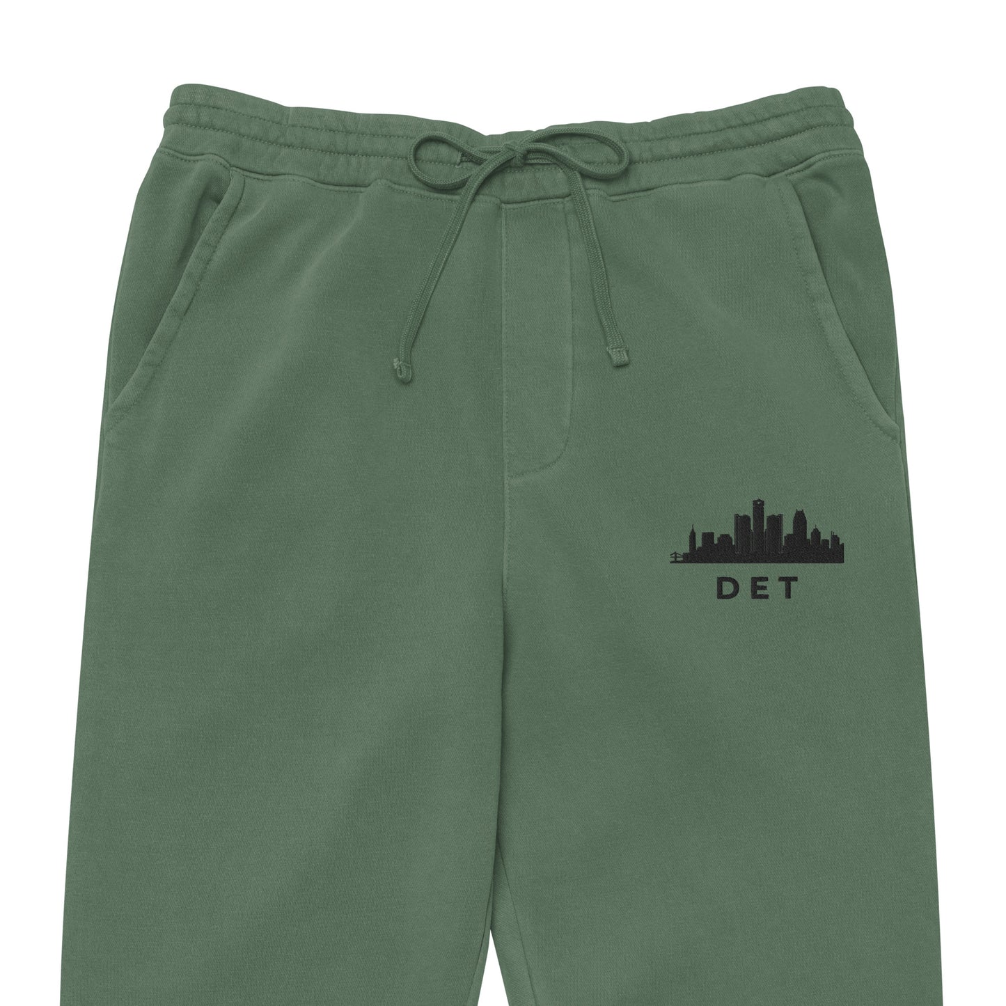Detroit Our City pigment-dyed sweatpants in alpine green with a relaxed fit and embroidered Detroit detail—Motor City athletic lifestyle gear
