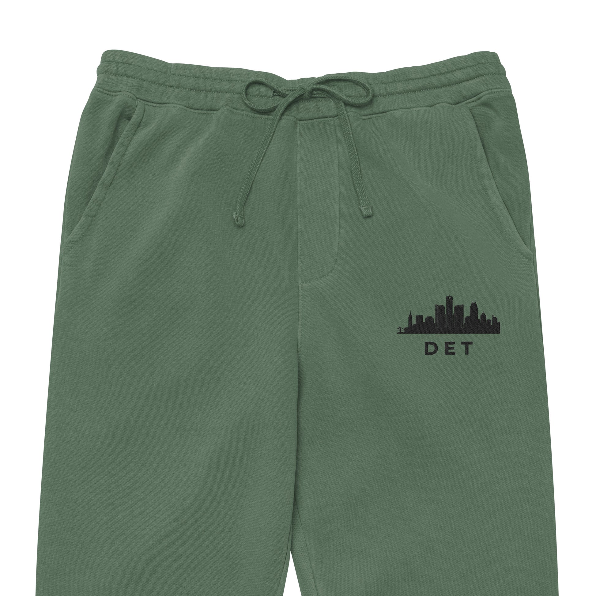 Detroit Our City pigment-dyed sweatpants in alpine green with a relaxed fit and embroidered Detroit detail—Motor City athletic lifestyle gear
