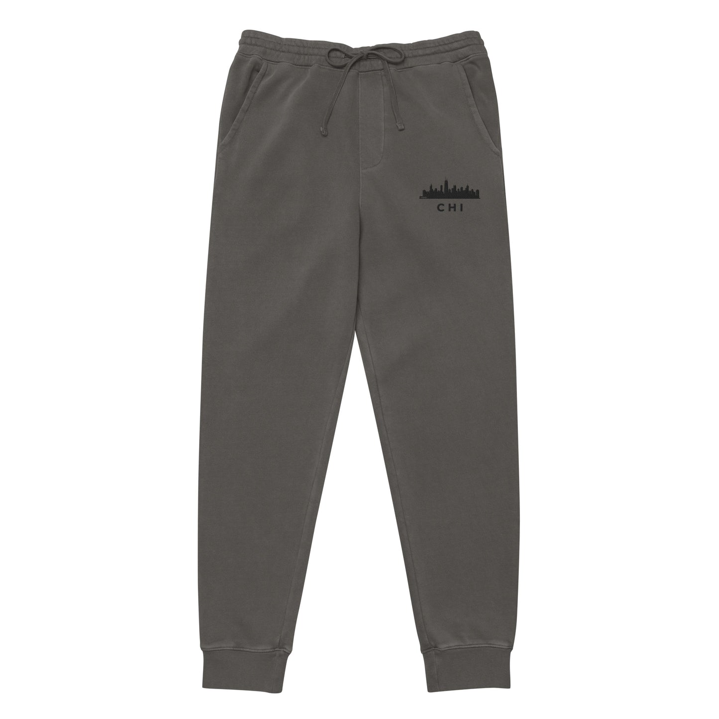Chicago Edition pigment-dyed sweatpants in asphalt gray with a relaxed fit and embroidered Chicago detail—off-duty athletic wear by An Athlete Trains