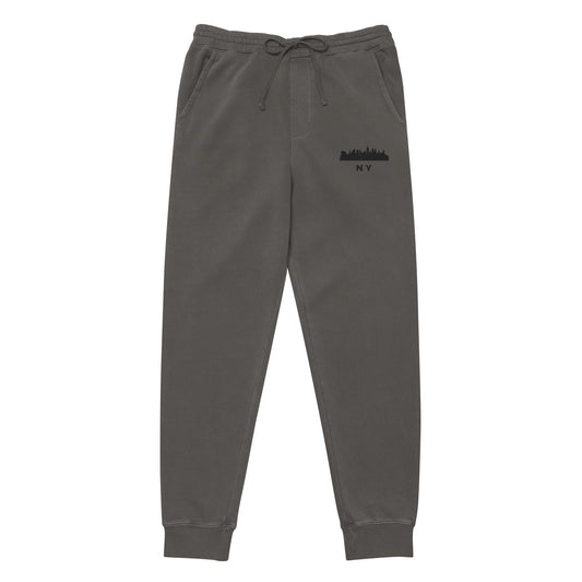 New York Our City pigment-dyed sweatpants in gray with a relaxed fit and embroidered New York detail—NYC athletic lifestyle wear