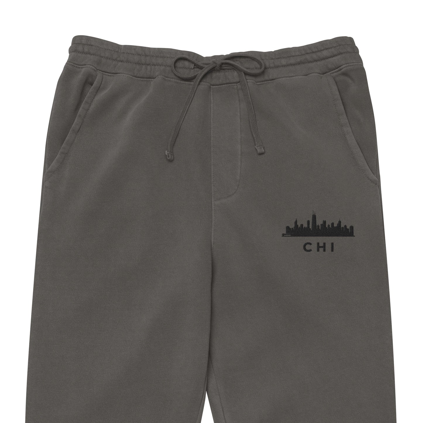 Chicago Edition pigment-dyed sweatpants in asphalt gray with a relaxed fit and embroidered Chicago detail—off-duty athletic wear by An Athlete Trains