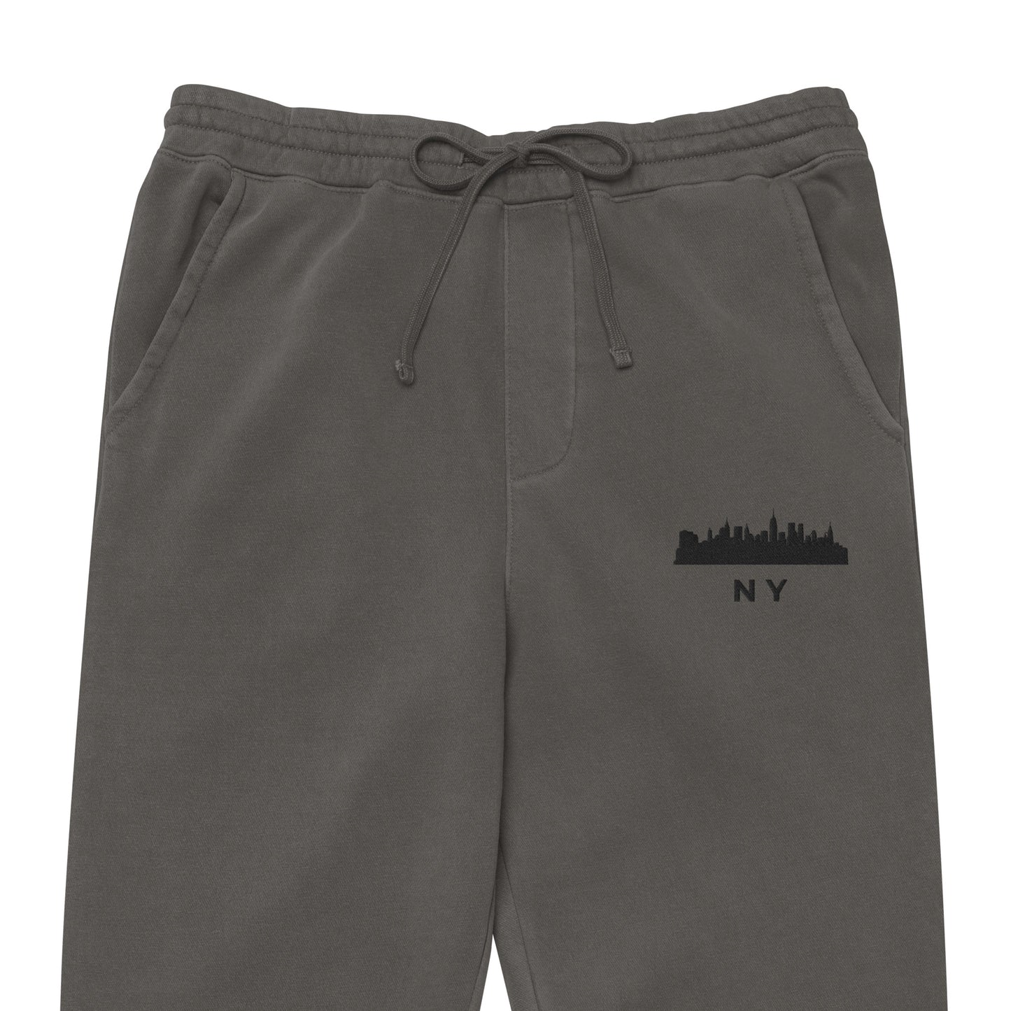 New York Our City pigment-dyed sweatpants in gray with a relaxed fit and embroidered New York detail—NYC athletic lifestyle wear