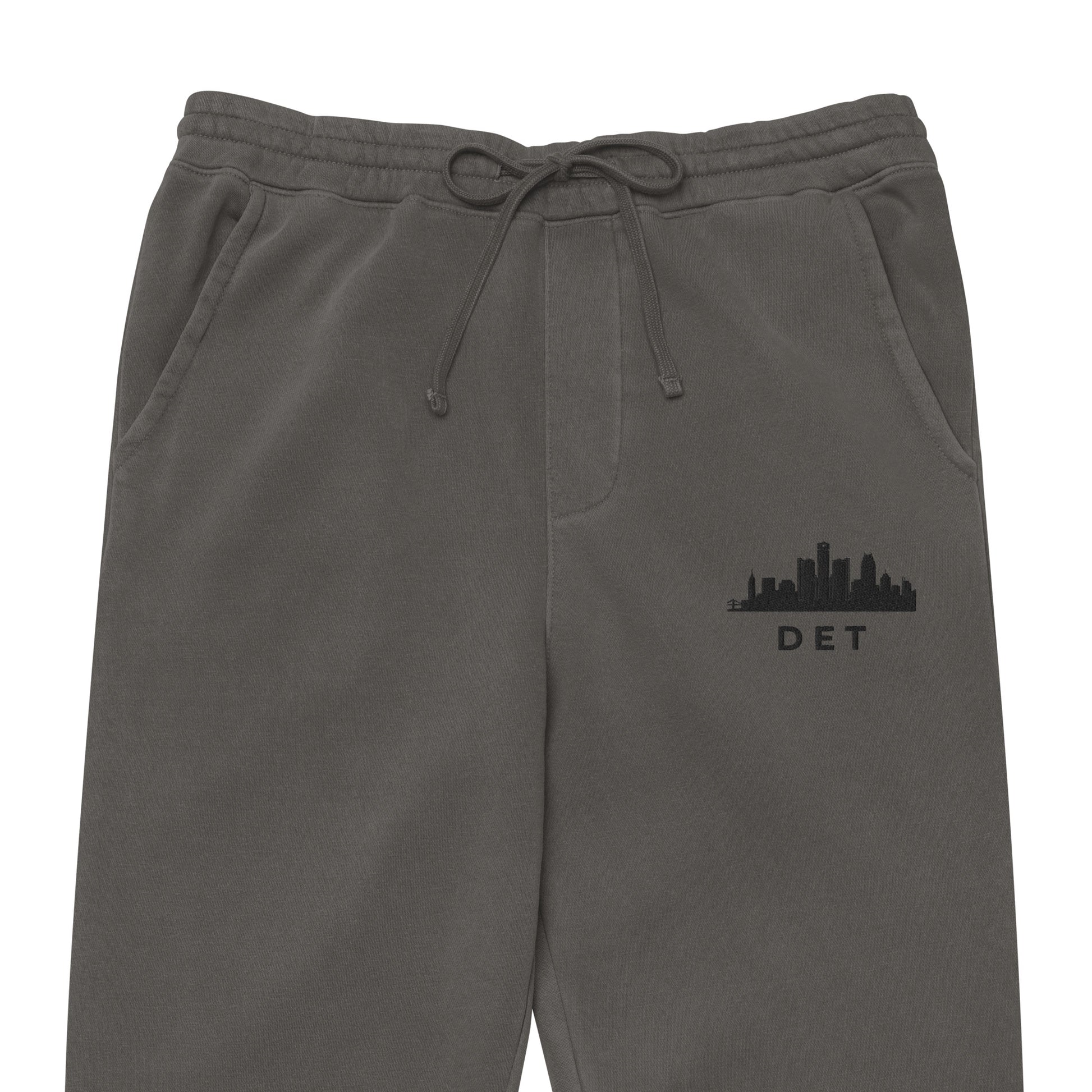 Detroit Our City pigment-dyed sweatpants in asphalt gray with a relaxed fit and embroidered Detroit detail—Motor City athletic lifestyle gear