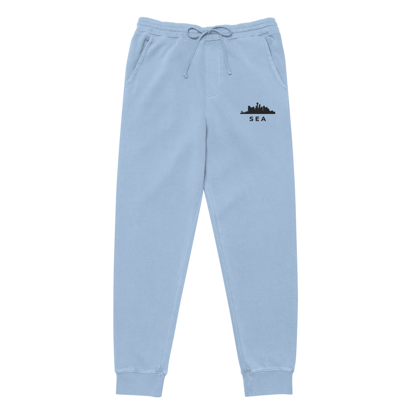 Seattle Our City pigment-dyed sweatpants in light blue with a relaxed fit and embroidered Seattle detail—PNW athletic lifestyle wear