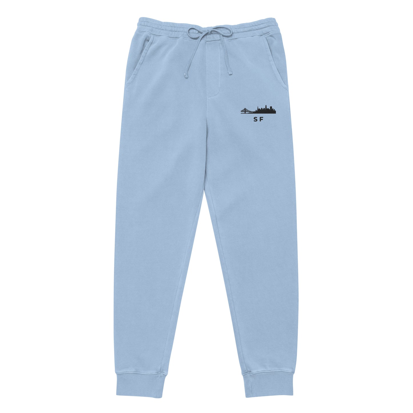 San Francisco Our City pigment-dyed sweatpants in light blue with a relaxed fit and embroidered SF detail—NorCal athletic lifestyle wear