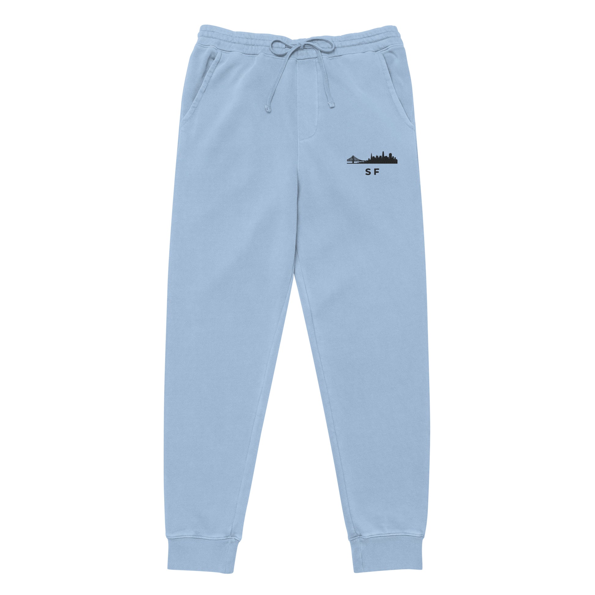San Francisco Our City pigment-dyed sweatpants in light blue with a relaxed fit and embroidered SF detail—NorCal athletic lifestyle wear