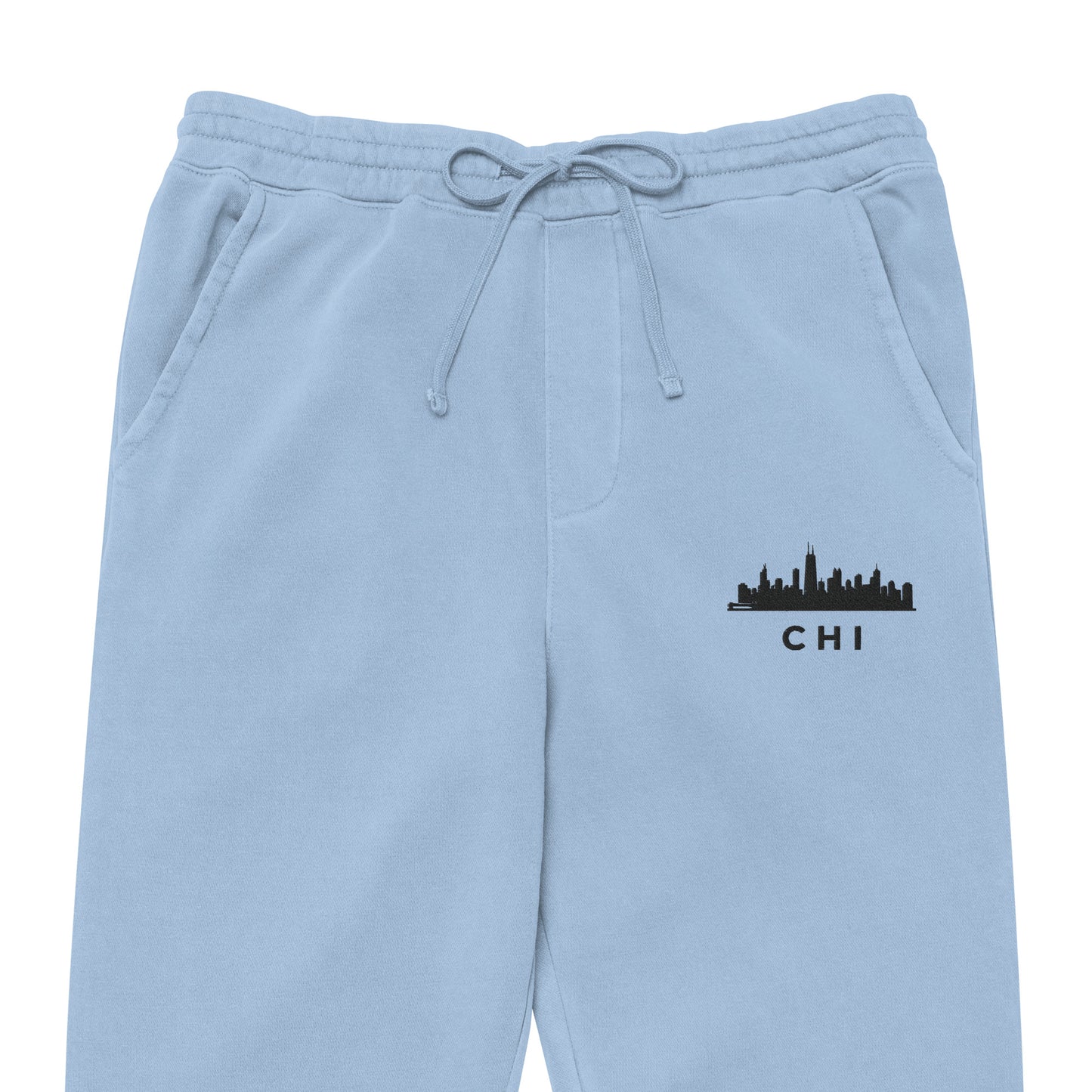 Chicago Edition pigment-dyed sweatpants in light blue with a relaxed fit and embroidered Chicago detail—off-duty athletic wear by An Athlete Trains