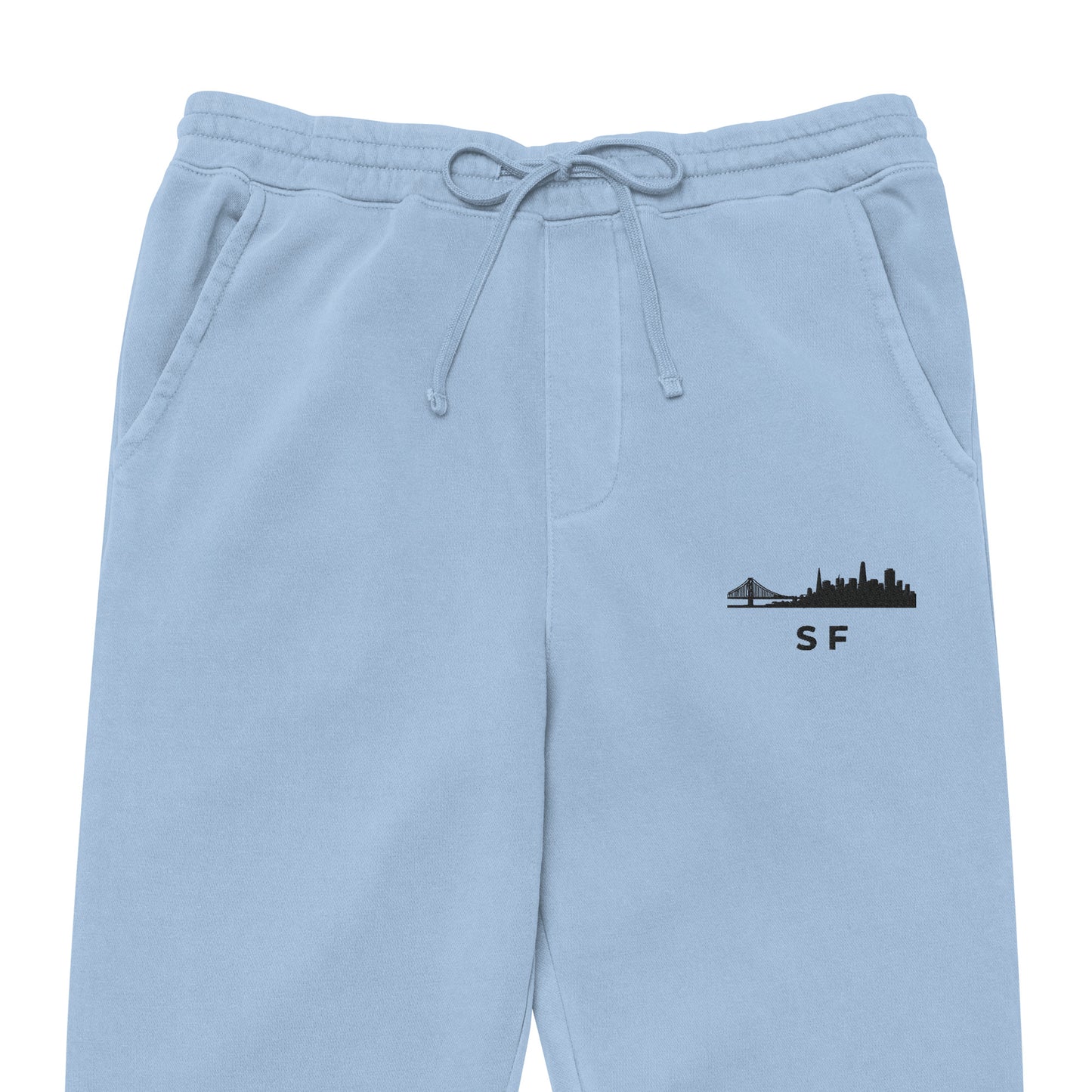 San Francisco Our City pigment-dyed sweatpants in light blue with a relaxed fit and embroidered SF detail—NorCal athletic lifestyle wear