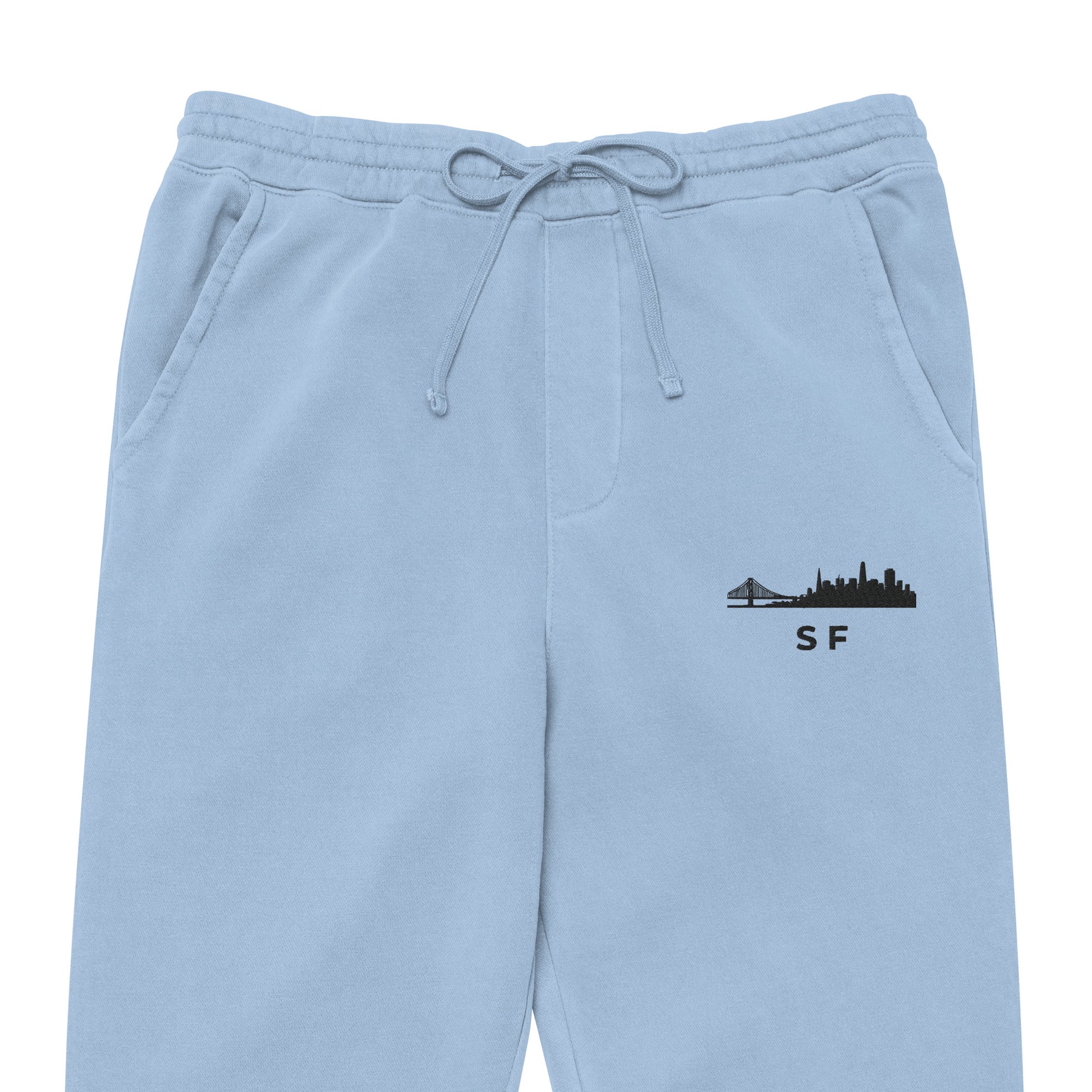 San Francisco Our City pigment-dyed sweatpants in light blue with a relaxed fit and embroidered SF detail—NorCal athletic lifestyle wear