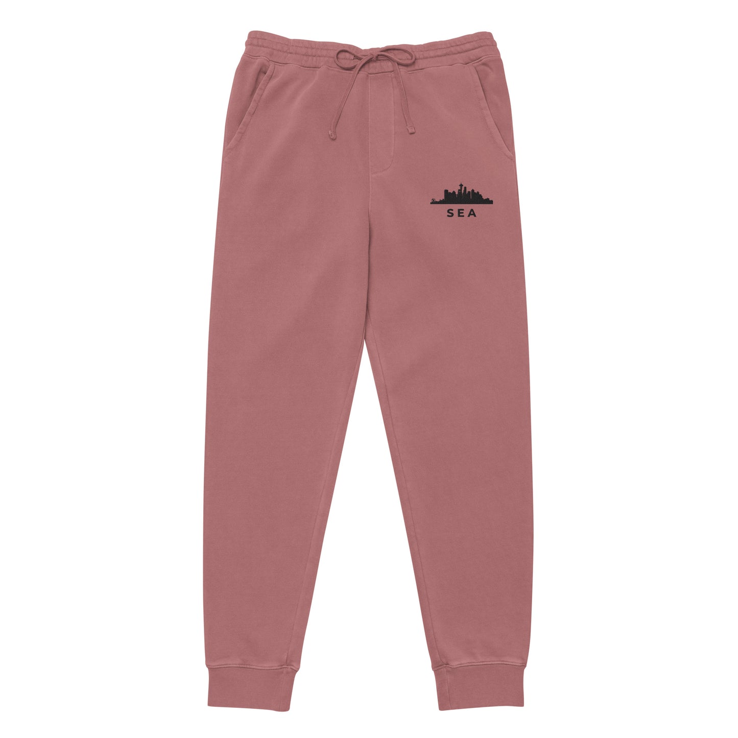 Seattle Our City pigment-dyed sweatpants in maroon with a relaxed fit and embroidered Seattle detail—PNW athletic lifestyle wear