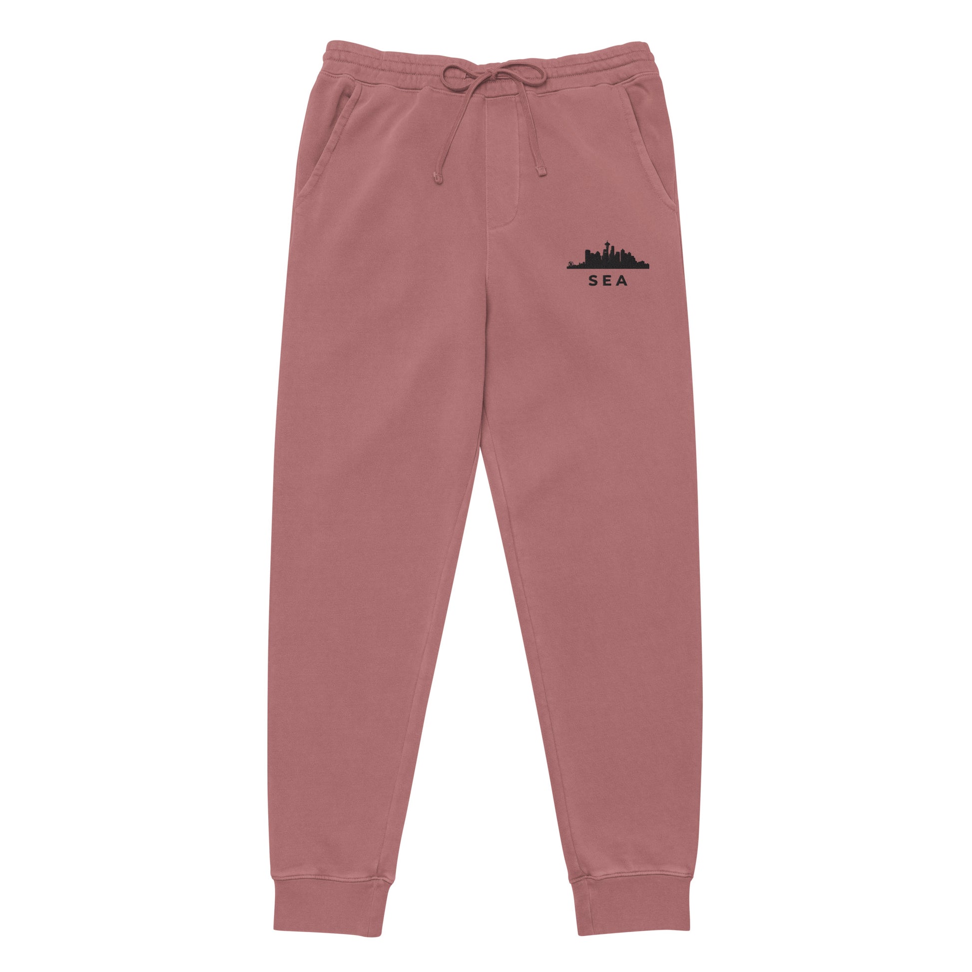 Seattle Our City pigment-dyed sweatpants in maroon with a relaxed fit and embroidered Seattle detail—PNW athletic lifestyle wear