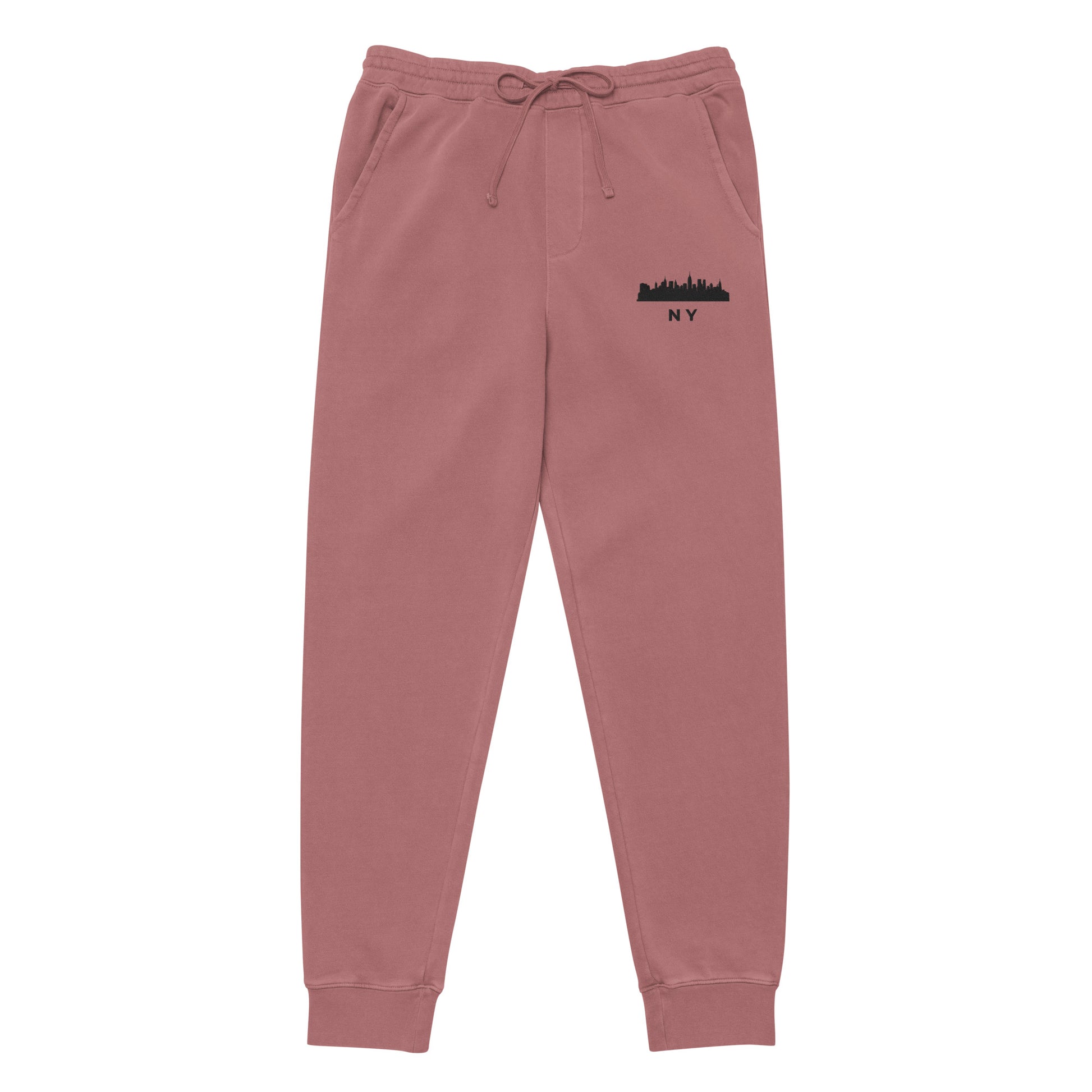 New York Our City pigment-dyed sweatpants in maroon with a relaxed fit and embroidered New York detail—NYC athletic lifestyle wear