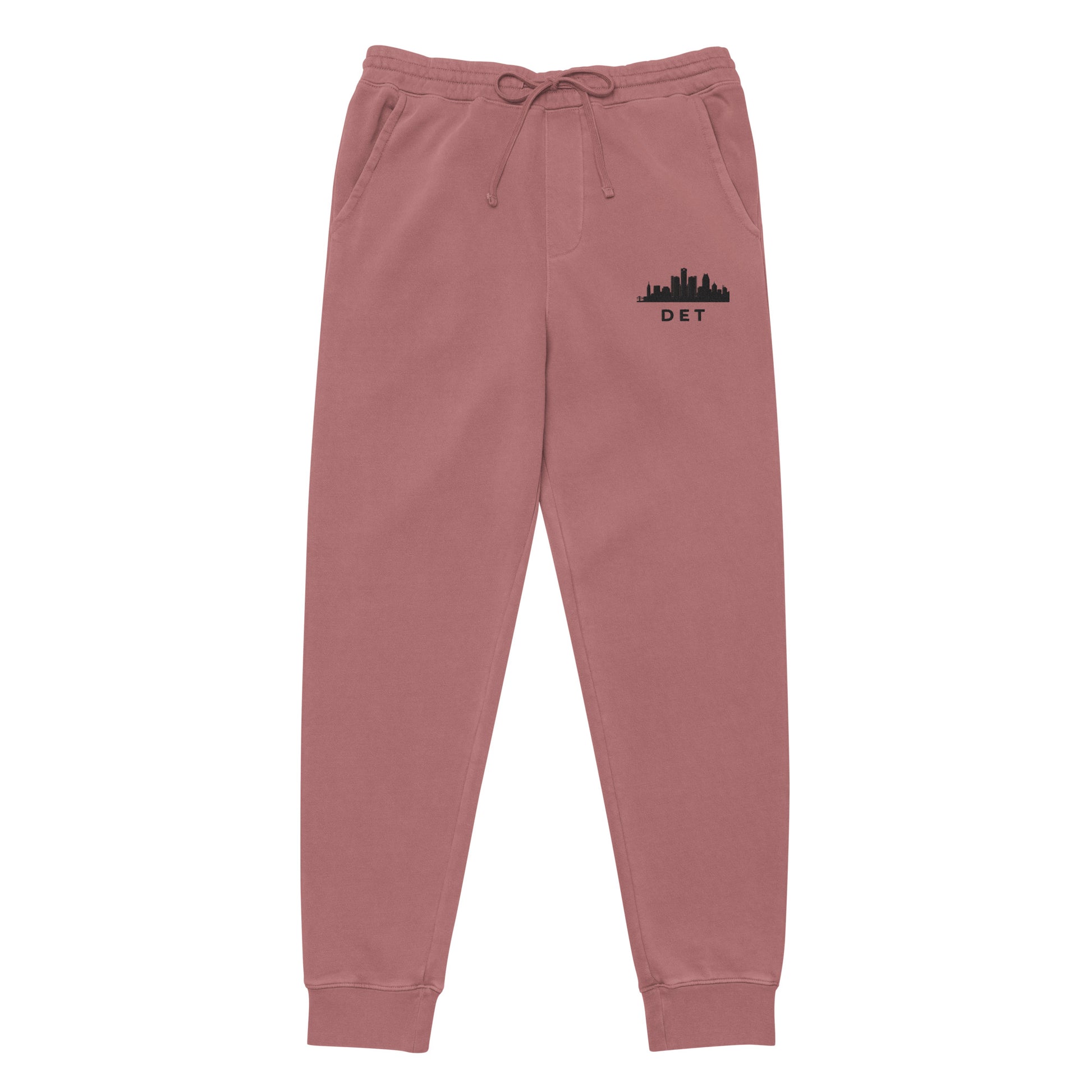 Detroit Our City pigment-dyed sweatpants in maroon with a relaxed fit and embroidered Detroit detail—Motor City athletic lifestyle gear