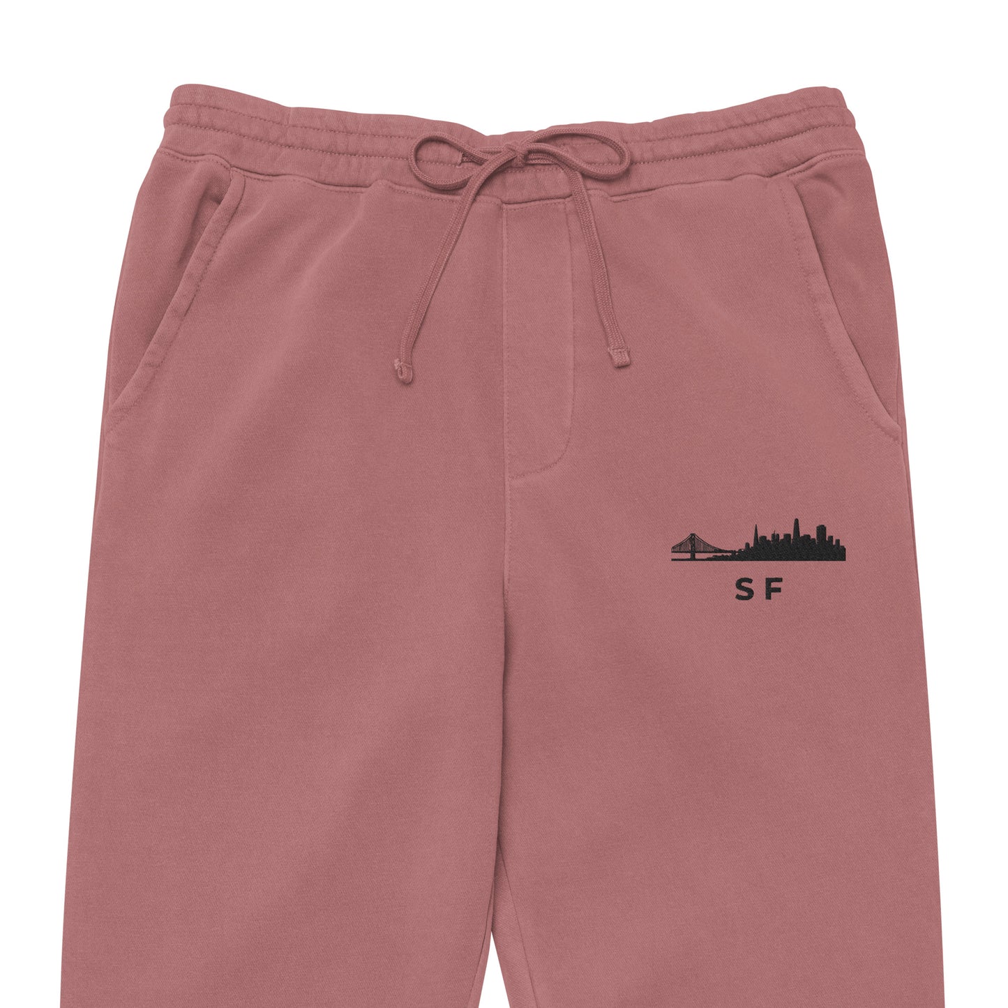 San Francisco Our City pigment-dyed sweatpants in maroon with a relaxed fit and embroidered SF detail—NorCal athletic lifestyle wear