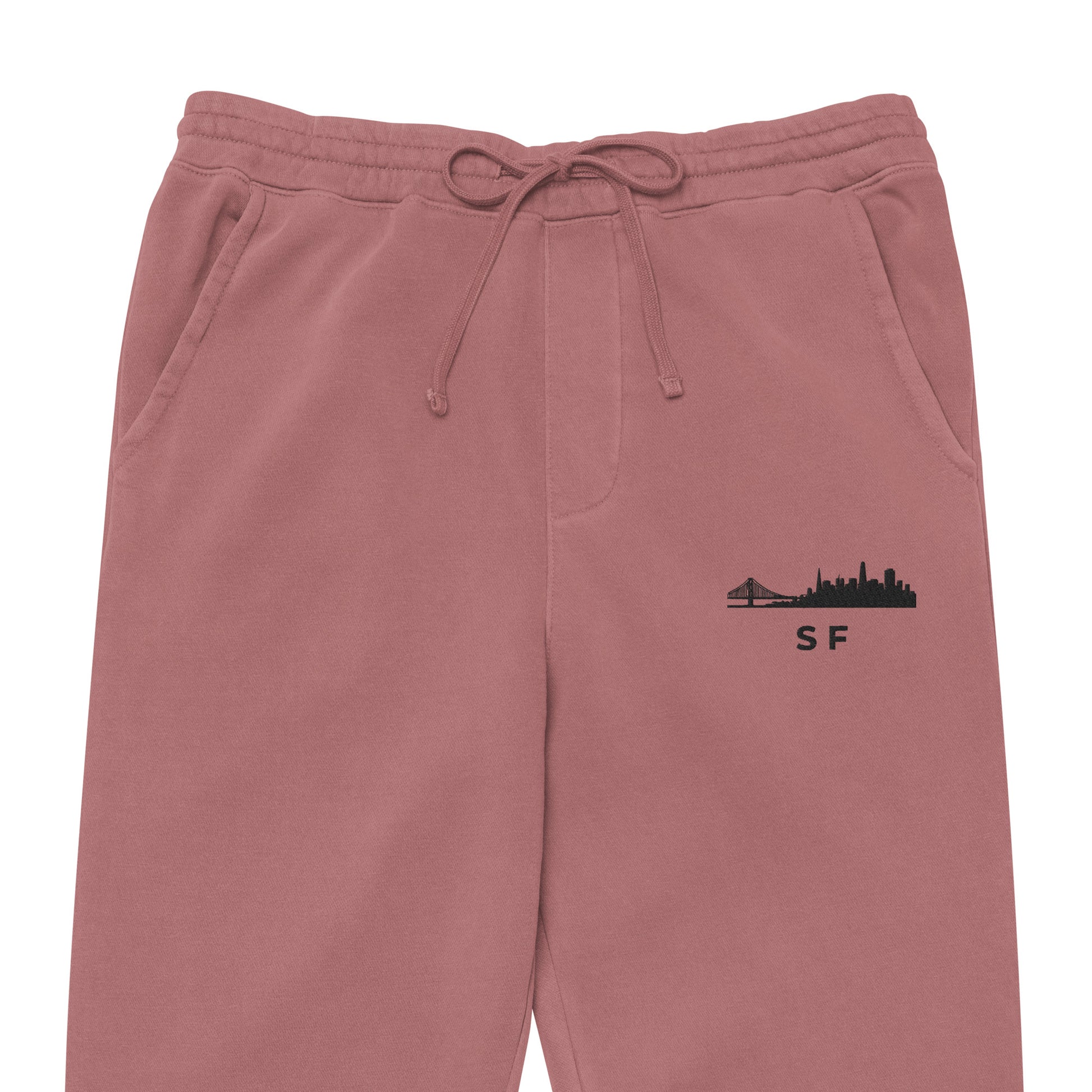 San Francisco Our City pigment-dyed sweatpants in maroon with a relaxed fit and embroidered SF detail—NorCal athletic lifestyle wear