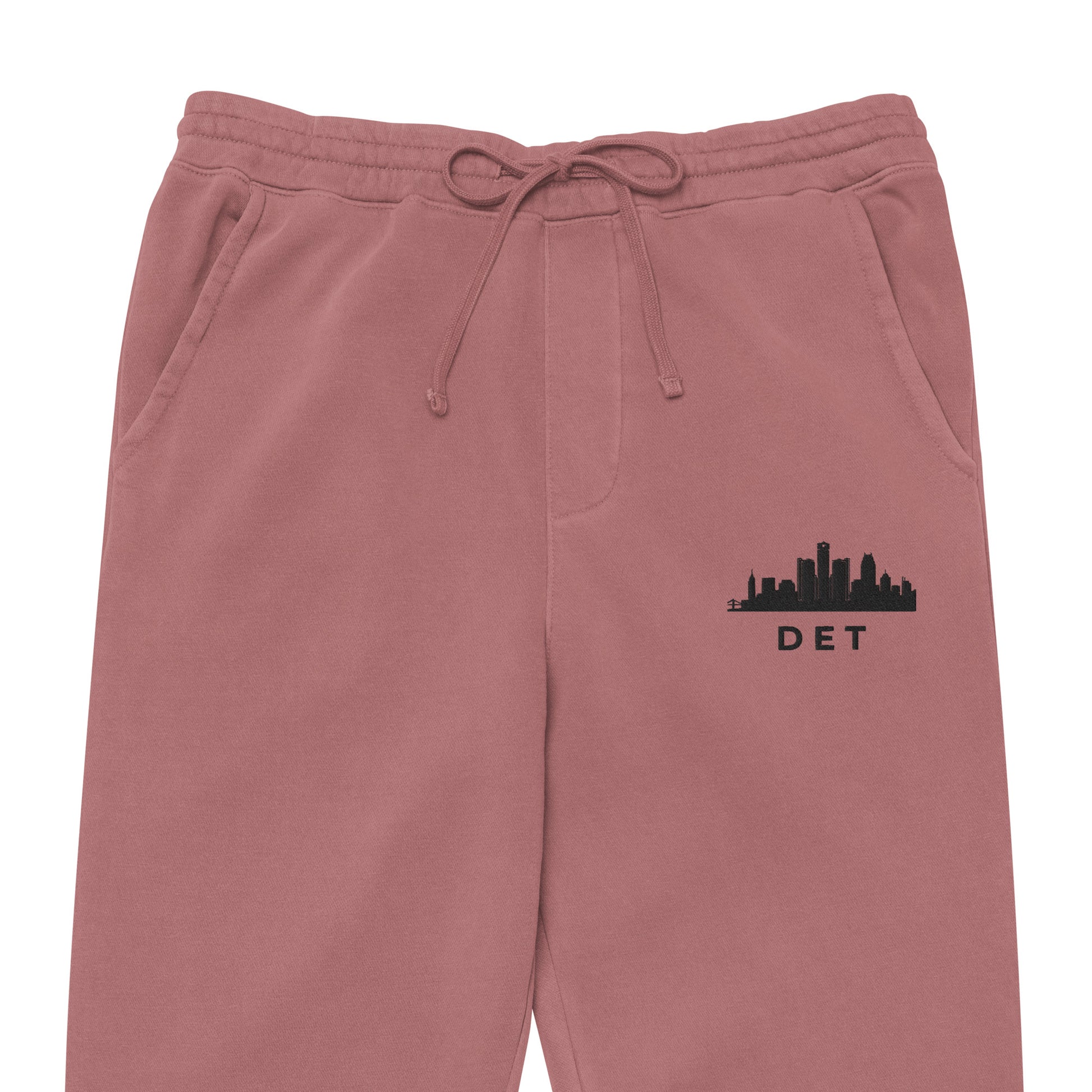 Detroit Our City pigment-dyed sweatpants in maroon with a relaxed fit and embroidered Detroit detail—Motor City athletic lifestyle gear