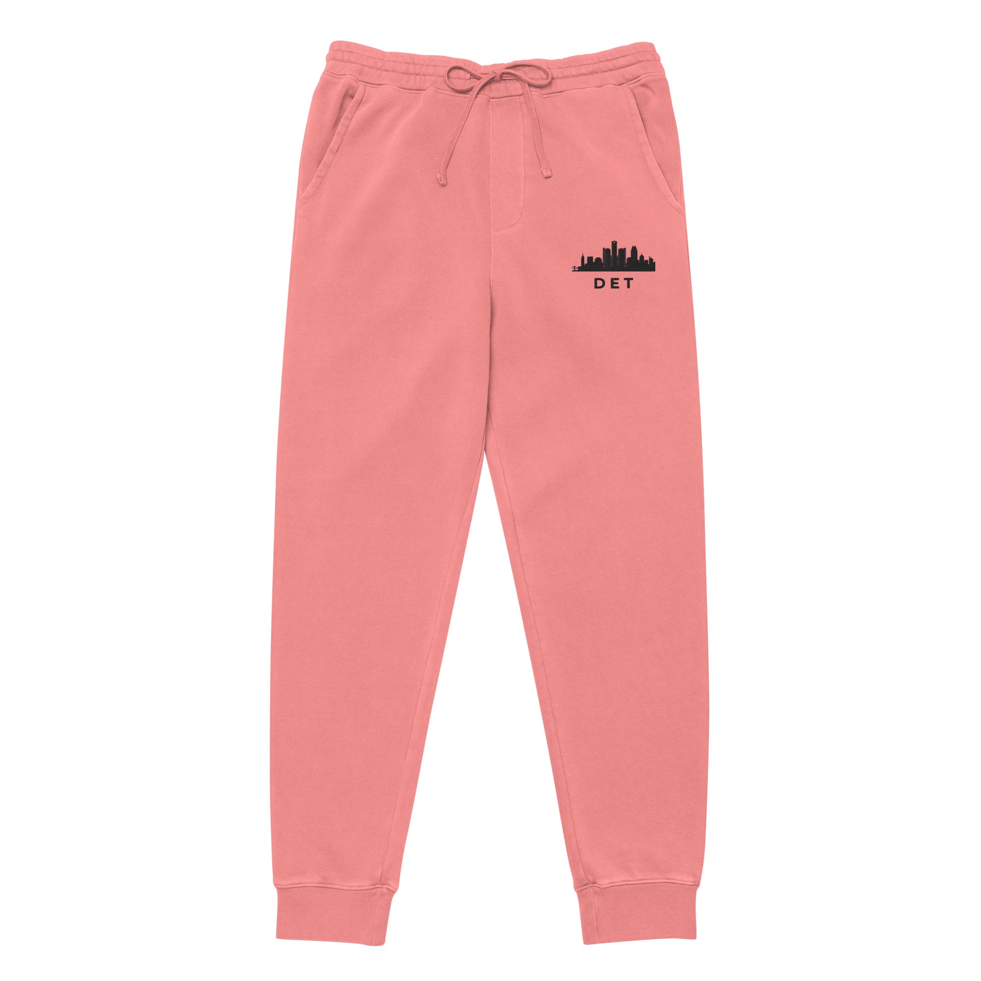 Detroit Our City pigment-dyed sweatpants in pink with a relaxed fit and embroidered Detroit detail—Motor City athletic lifestyle gear