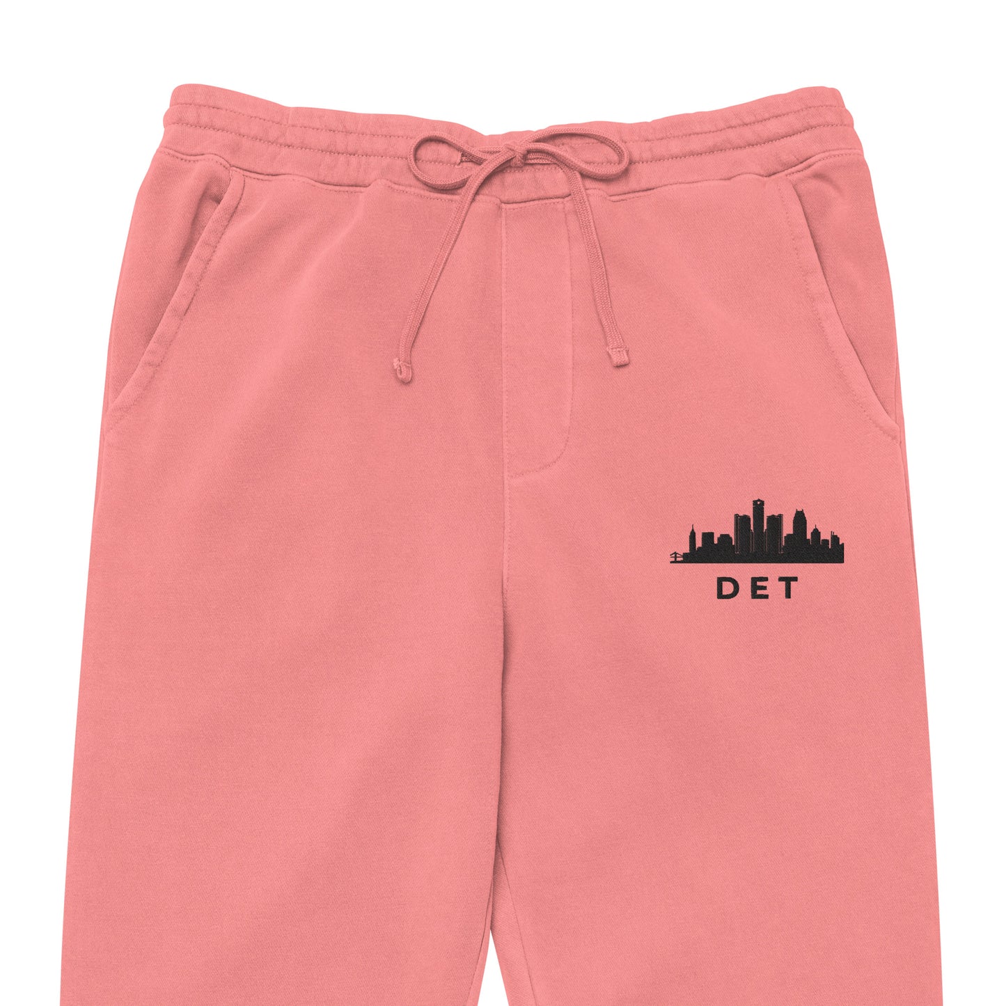 Detroit Our City pigment-dyed sweatpants in pink with a relaxed fit and embroidered Detroit detail—Motor City athletic lifestyle gear