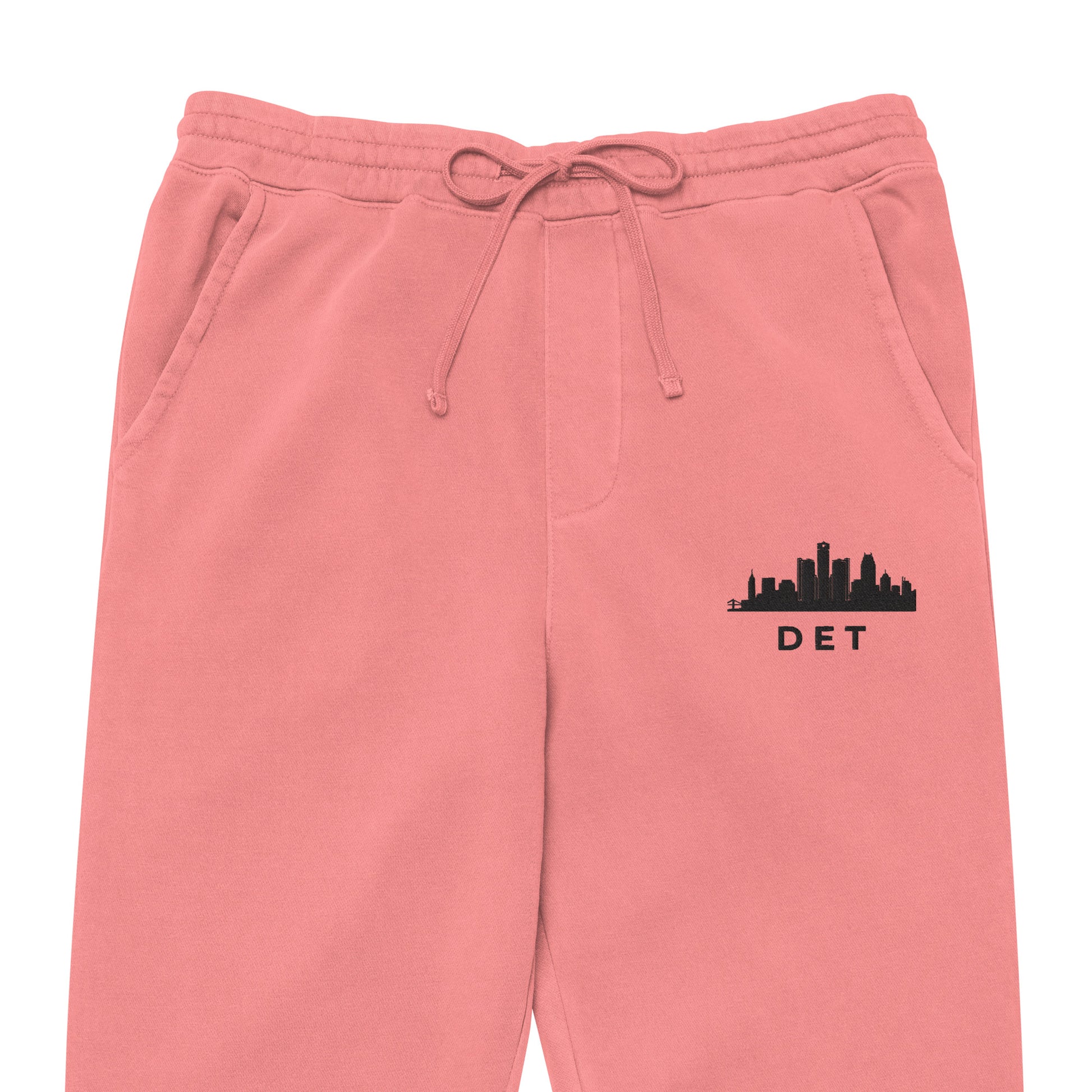 Detroit Our City pigment-dyed sweatpants in pink with a relaxed fit and embroidered Detroit detail—Motor City athletic lifestyle gear