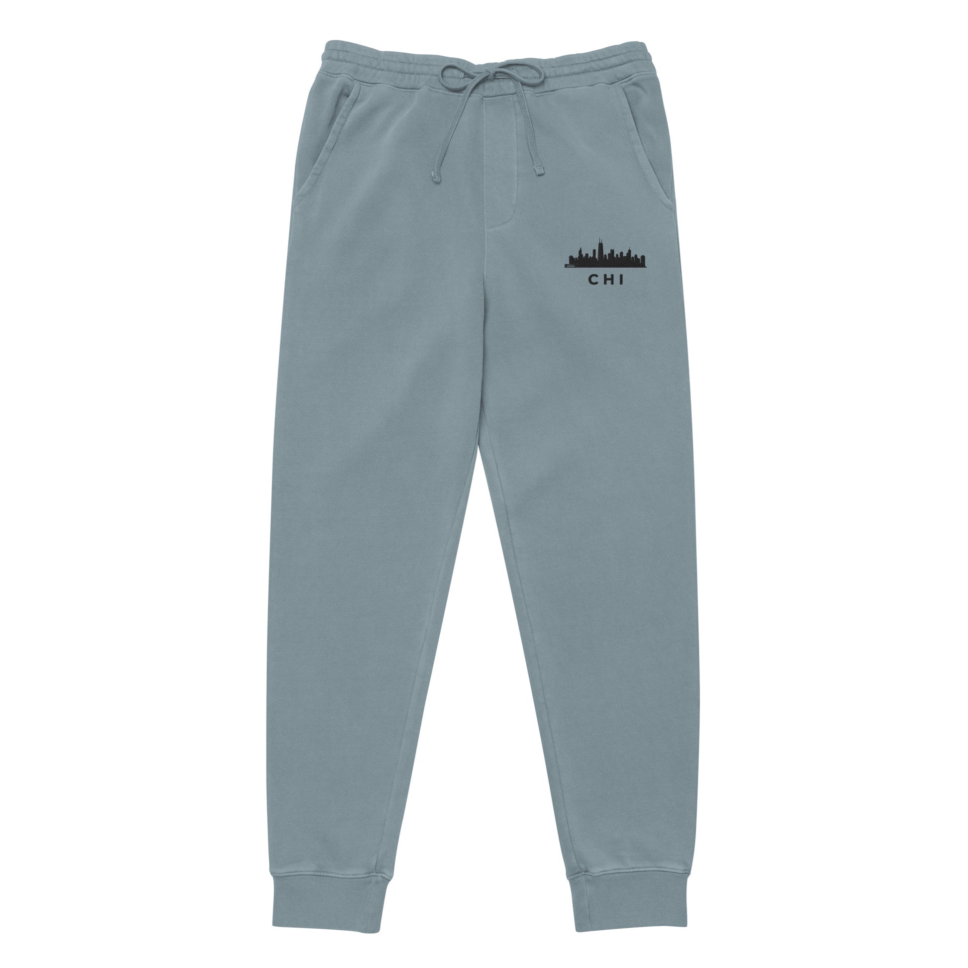 Chicago Edition pigment-dyed sweatpants in slate blue with a relaxed fit and embroidered Chicago detail—off-duty athletic wear by An Athlete Trains