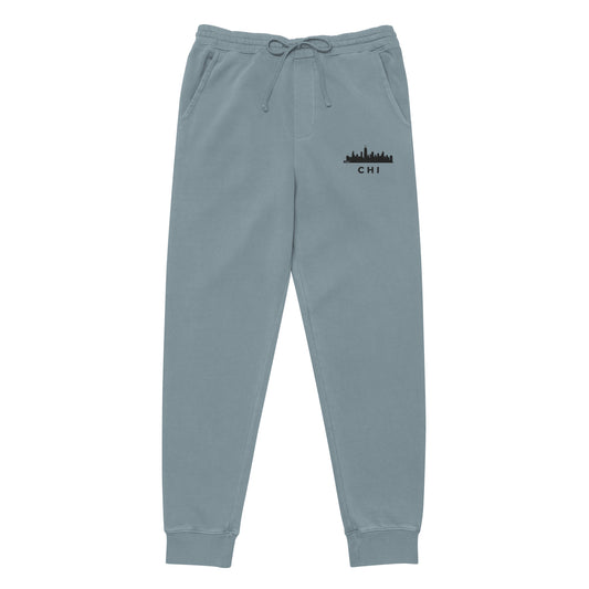 Chicago Edition pigment-dyed sweatpants in slate blue with a relaxed fit and embroidered Chicago detail—off-duty athletic wear by An Athlete Trains