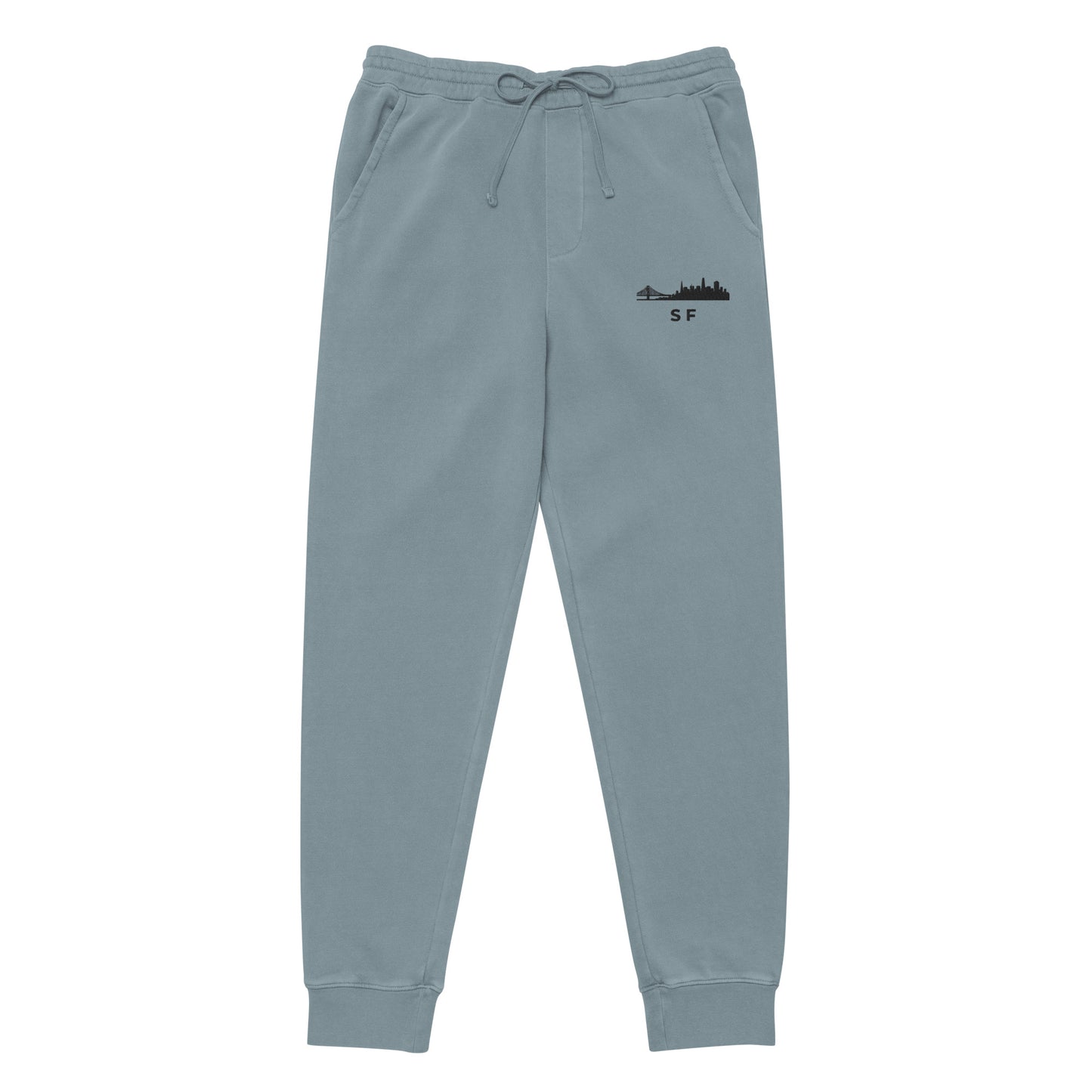 San Francisco Our City pigment-dyed sweatpants in slate blue with a relaxed fit and embroidered SF detail—NorCal athletic lifestyle wear