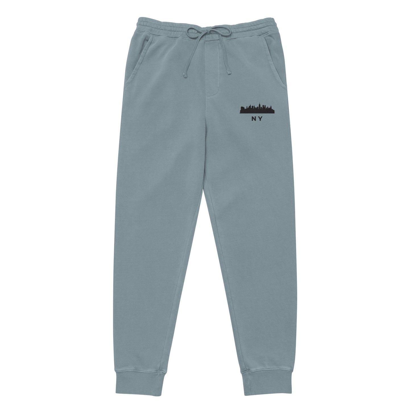 New York Our City pigment-dyed sweatpants in slate blue with a relaxed fit and embroidered New York detail—NYC athletic lifestyle wear