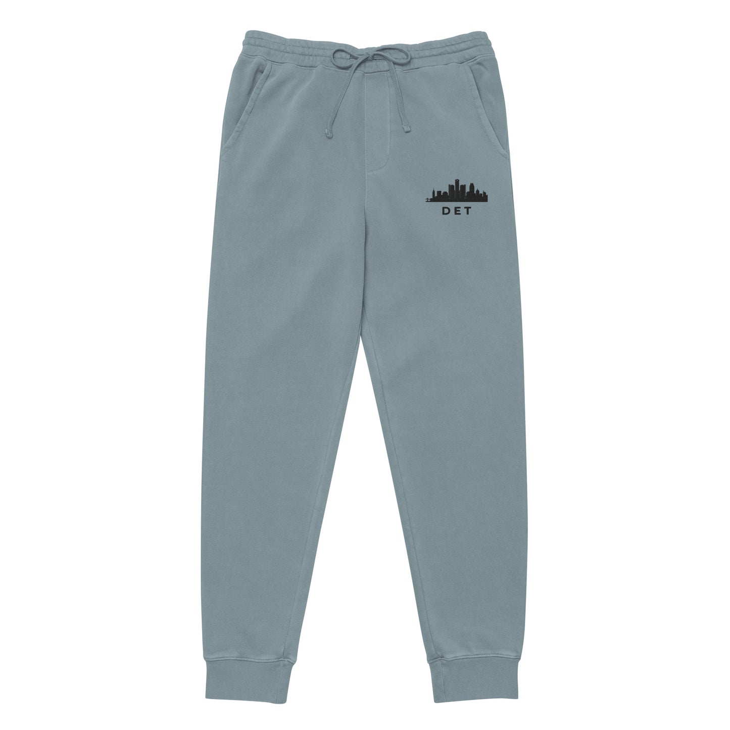 Detroit Our City pigment-dyed sweatpants in slate blue with a relaxed fit and embroidered Detroit detail—Motor City athletic lifestyle gear