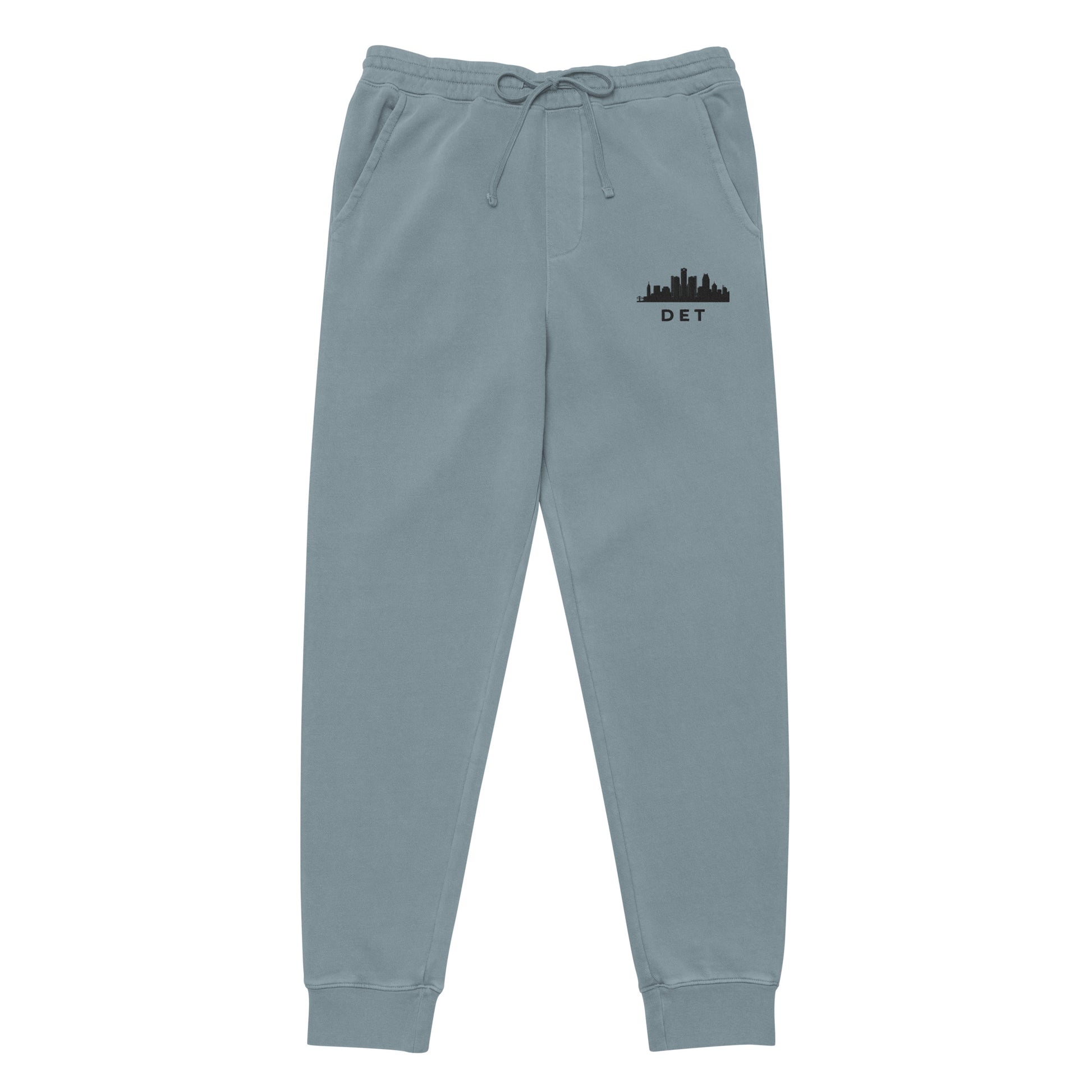 Detroit Our City pigment-dyed sweatpants in slate blue with a relaxed fit and embroidered Detroit detail—Motor City athletic lifestyle gear