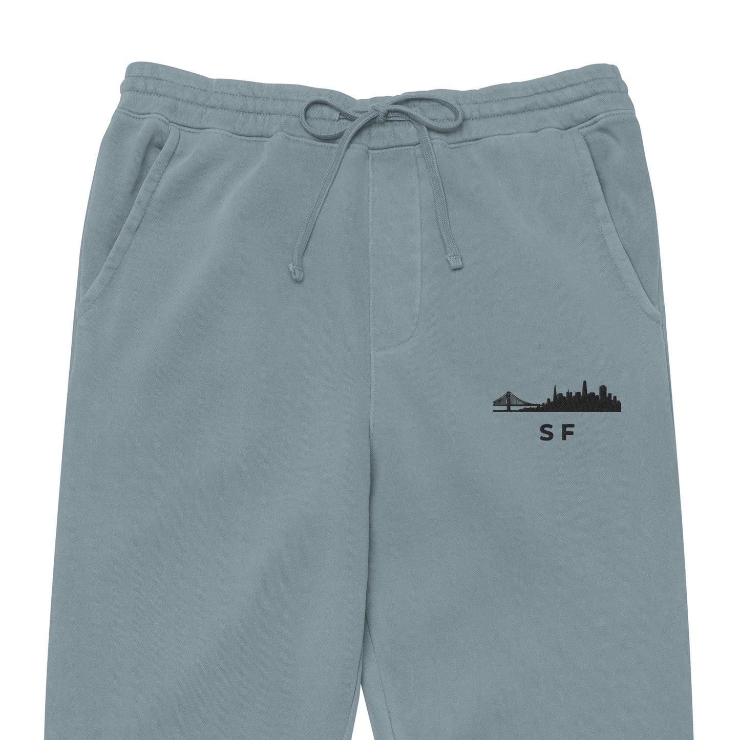 San Francisco Our City pigment-dyed sweatpants in slate blue with a relaxed fit and embroidered SF detail—NorCal athletic lifestyle wear