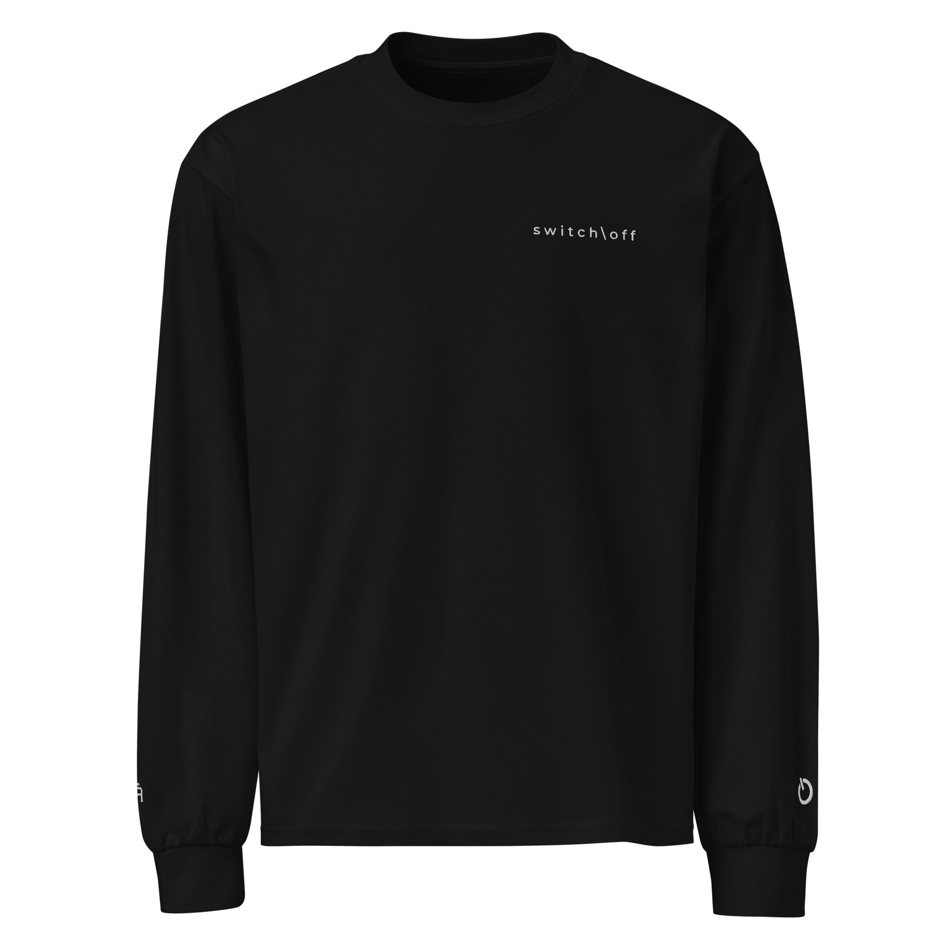Premium heavyweight long sleeve cotton shirt in black with white switch\off and logo embroidery - An Athlete Trains.