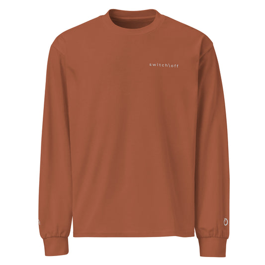 Premium heavyweight long sleeve cotton shirt in clay with white switch\off and logo embroidery - An Athlete Trains.