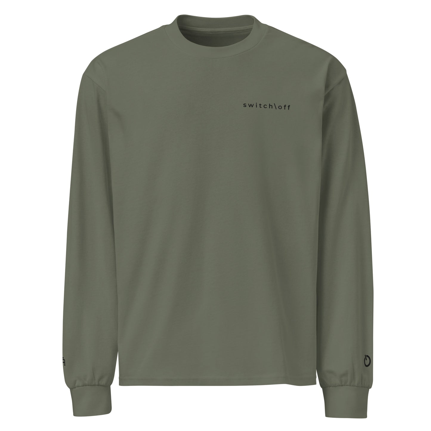 Premium heavyweight long sleeve cotton shirt in cypress green with black switch\off and logo embroidery - An Athlete Trains.