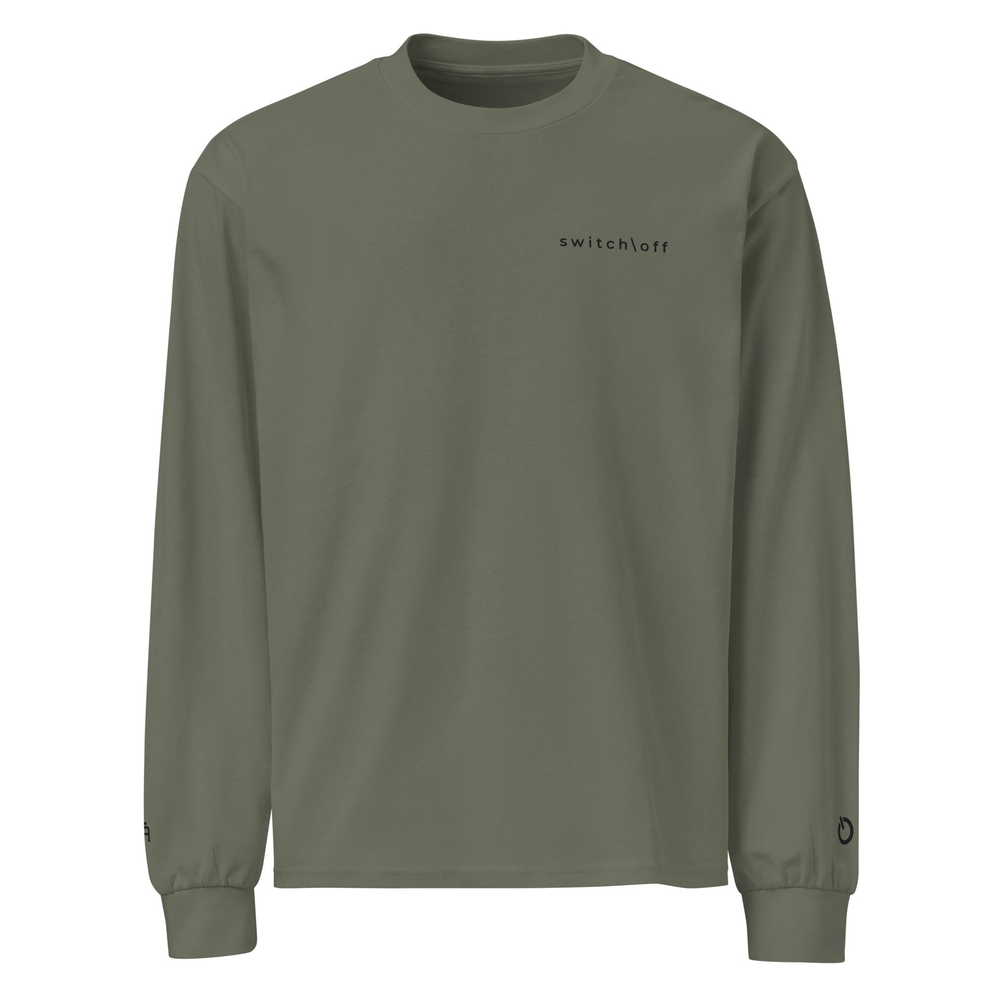 Premium heavyweight long sleeve cotton shirt in cypress green with black switch\off and logo embroidery - An Athlete Trains.