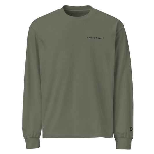 Premium heavyweight long sleeve cotton shirt in cypress green with black switch\off and logo embroidery - An Athlete Trains.