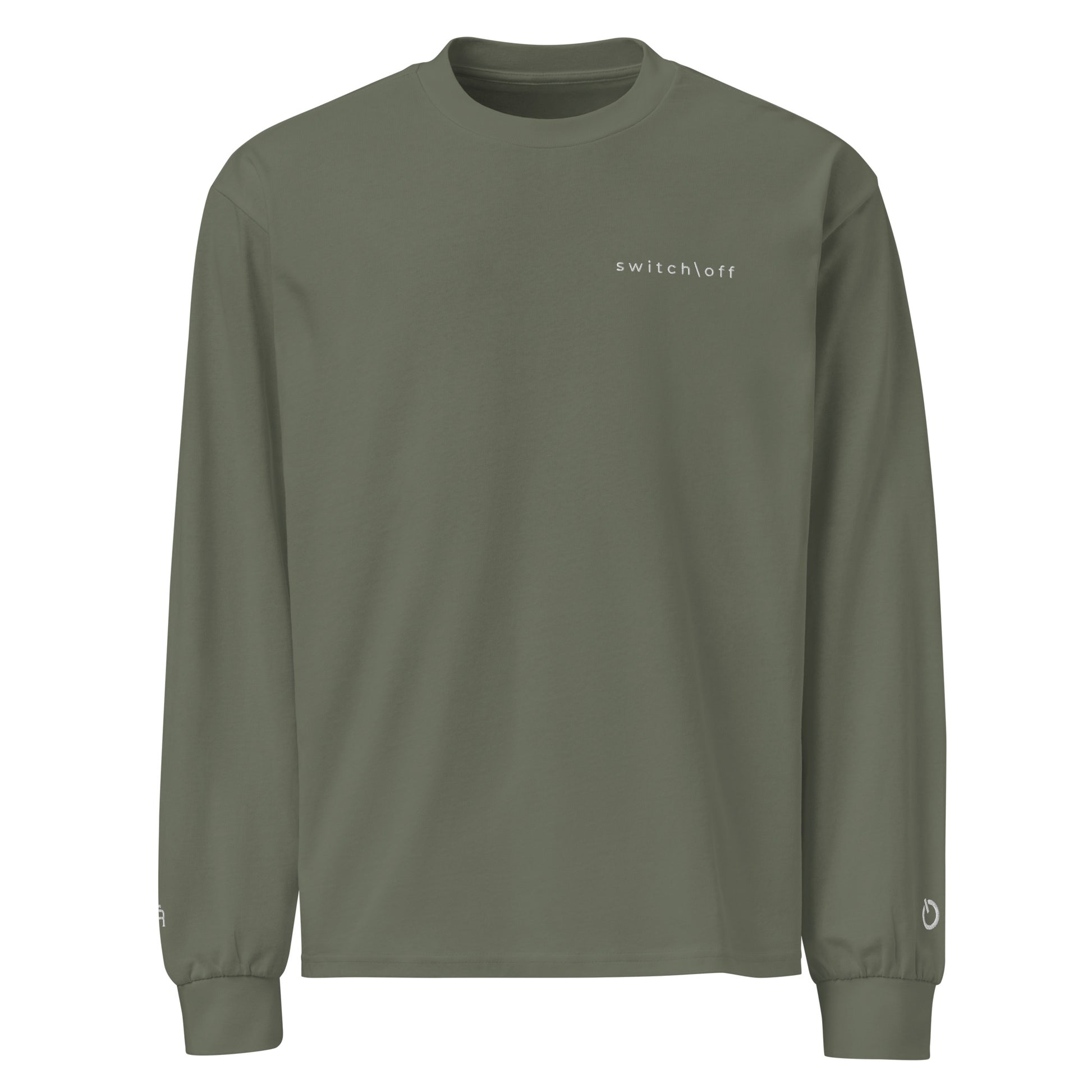 Premium heavyweight long sleeve cotton shirt in cypress green  with white switch\off and logo embroidery - An Athlete Trains.