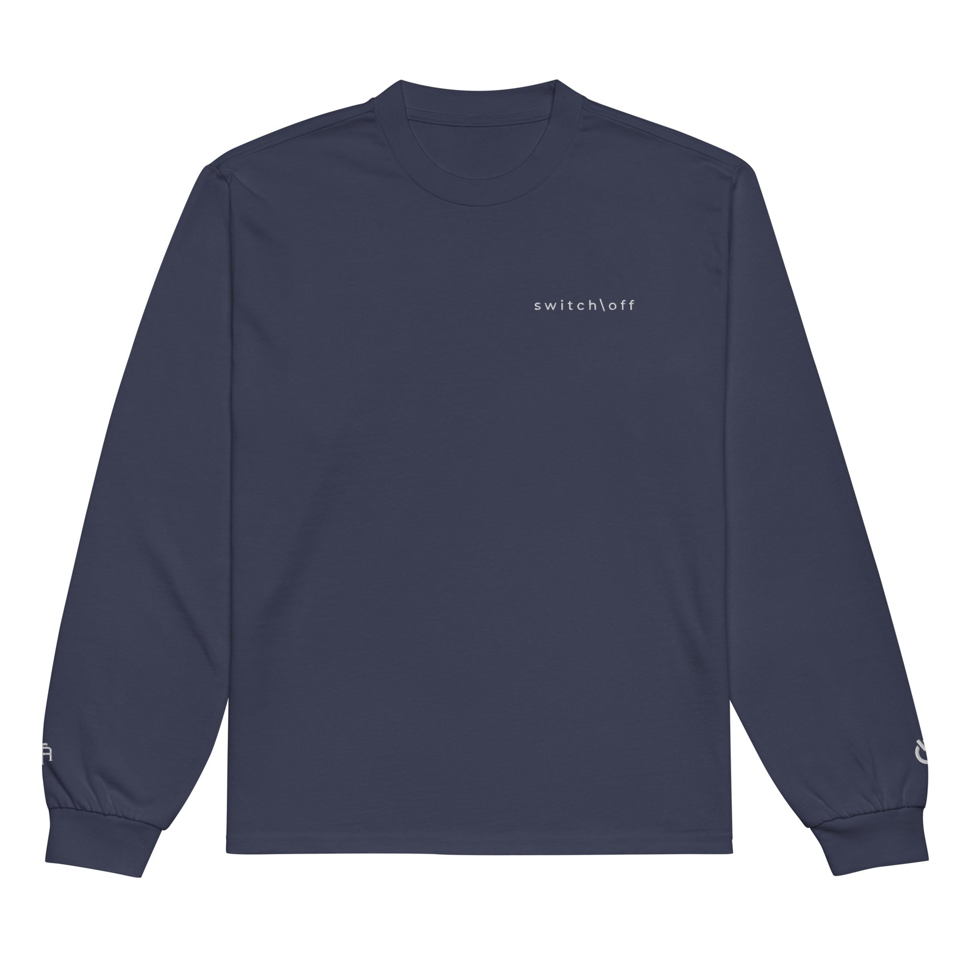 Premium heavyweight long sleeve cotton shirt in midnight blue with white switch\off and logo embroidery - An Athlete Trains.