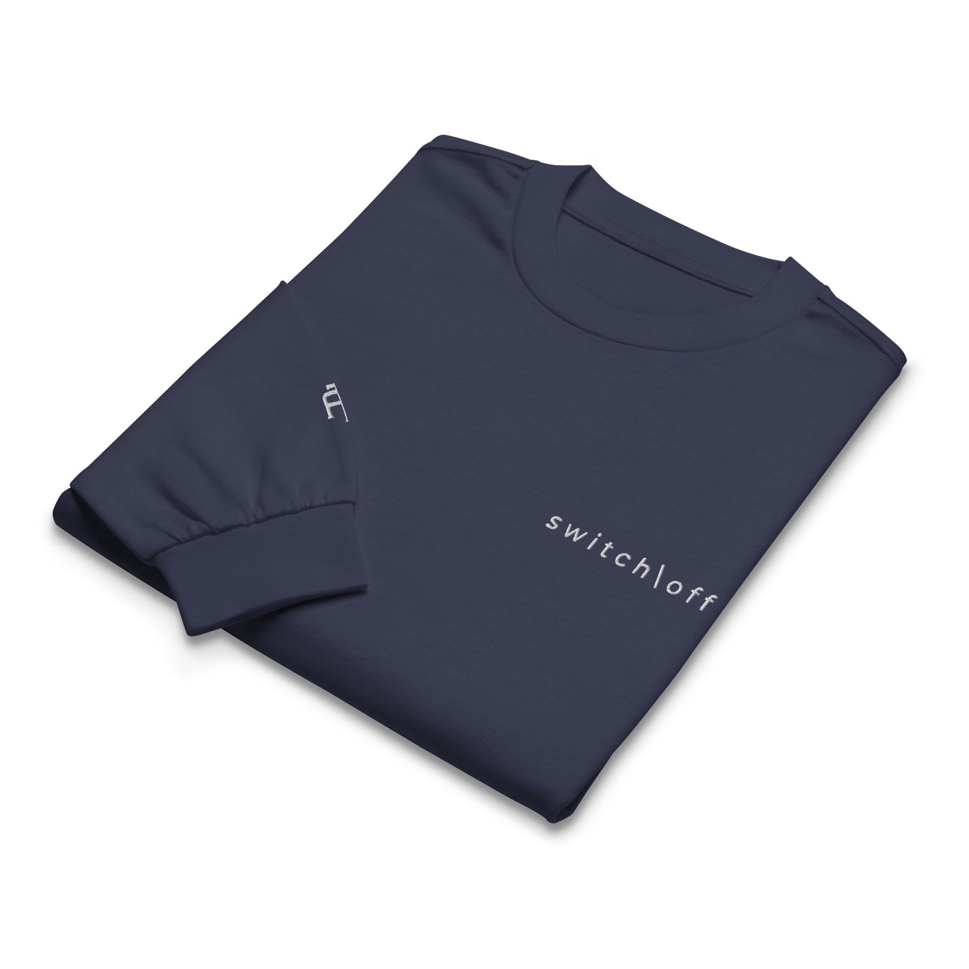 Premium heavyweight long sleeve cotton shirt in midnight blue with white switch\off and logo embroidery - An Athlete Trains.